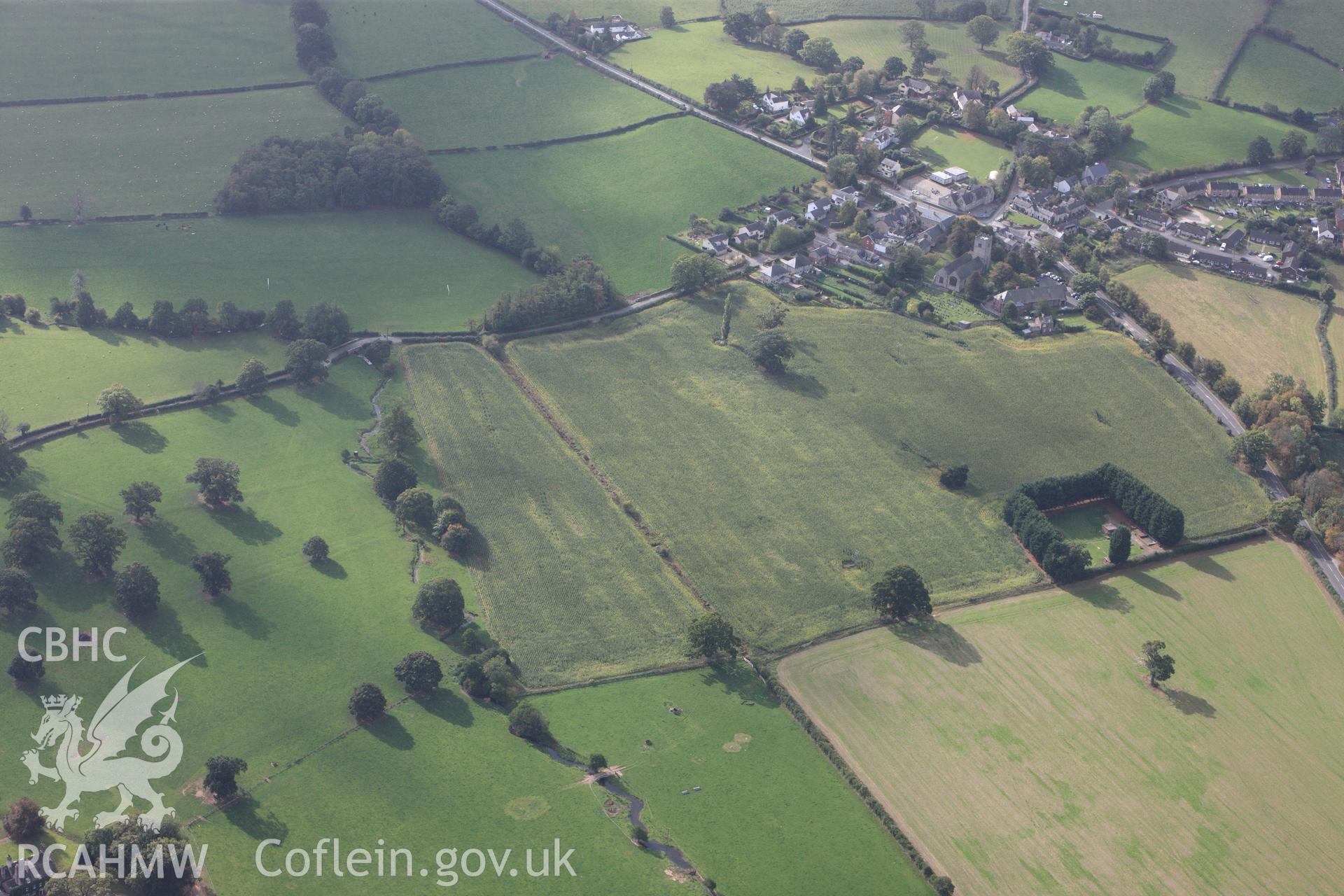 RCAHMW colour oblique photograph of Plas Newydd Romano-British Temple Cropwork; Plasnewydd Roman Temple. Taken by Toby Driver on 04/10/2011.