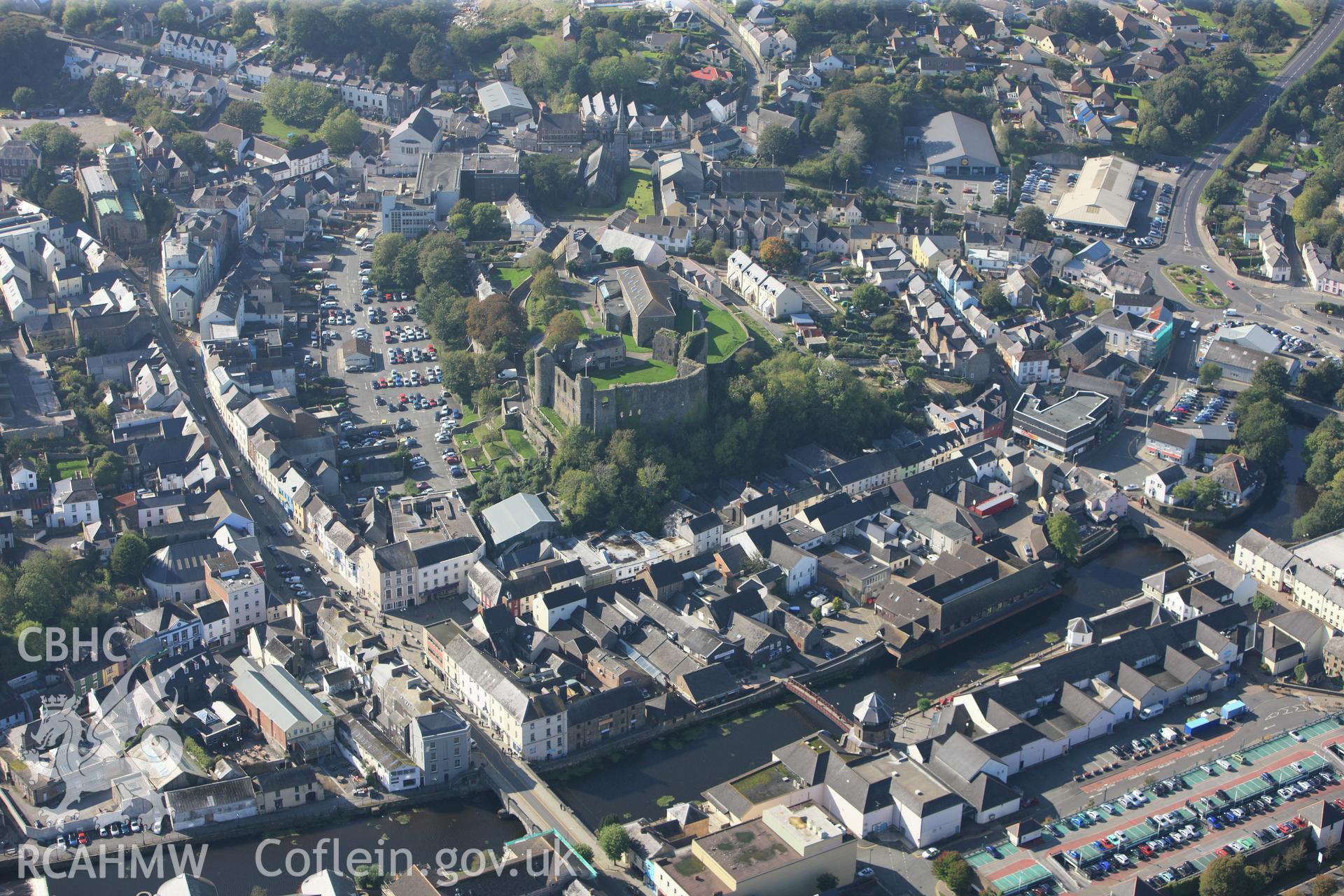 RCAHMW colour oblique photograph of Haverfordwest Castle, viewed from the east. Taken by Toby Driver and Oliver Davies on 28/09/2011.