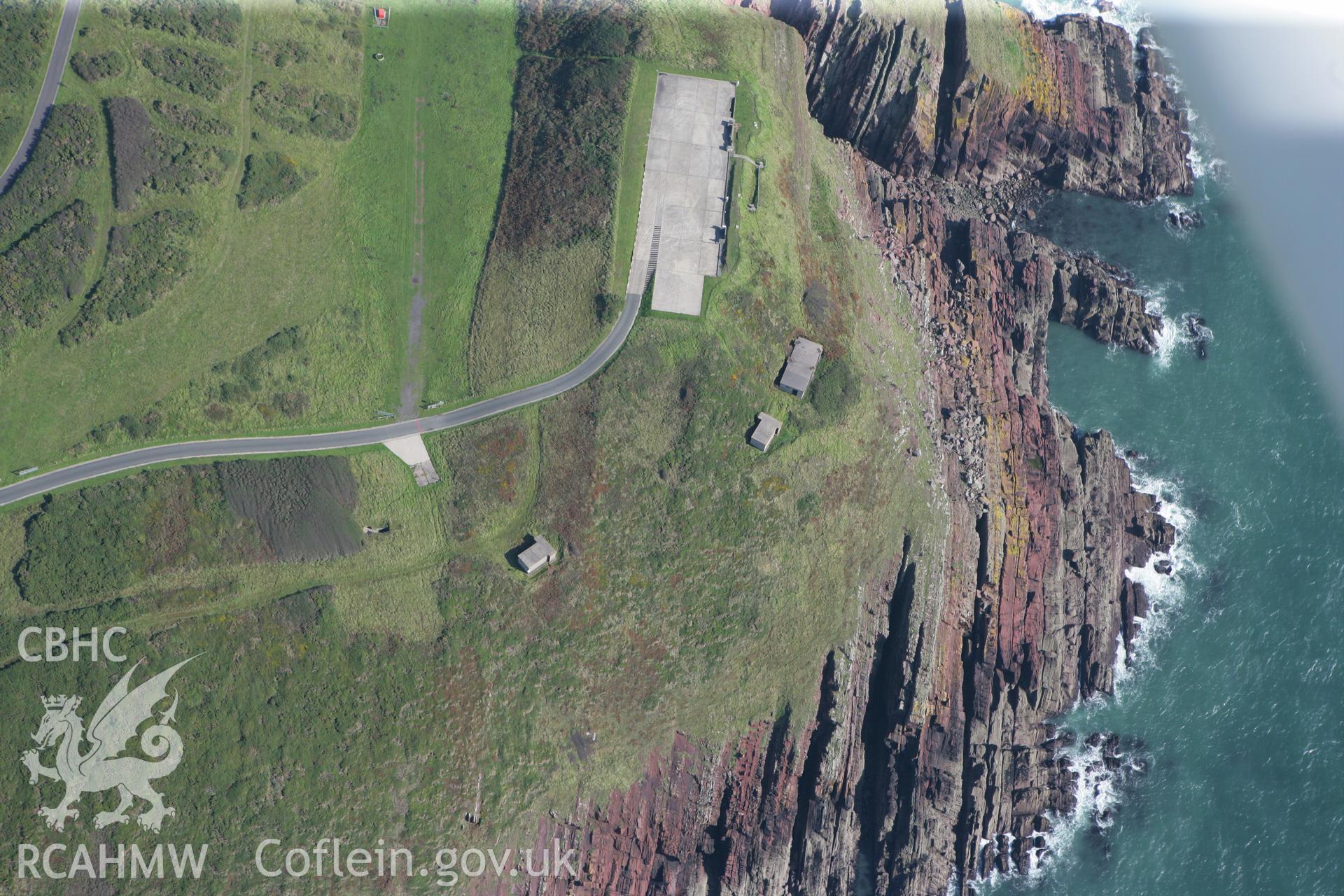 RCAHMW colour oblique photograph of Manorbier radar station, Old Castle Head, viewed from the east. Taken by Toby Driver and Oliver Davies on 28/09/2011.