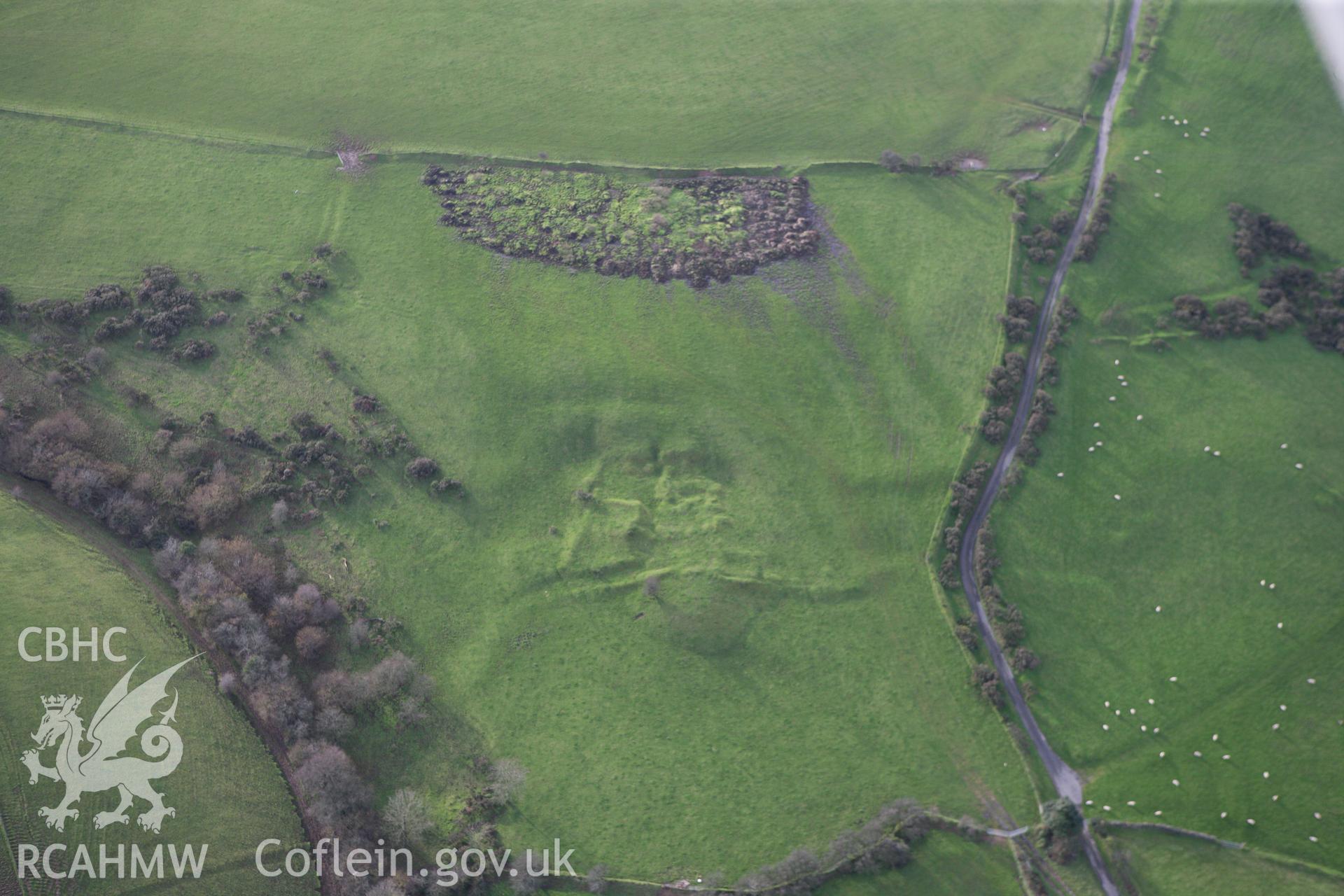 RCAHMW colour oblique photograph of British Fortified Residence, Maescadlawr. Taken by Toby Driver on 17/11/2011.