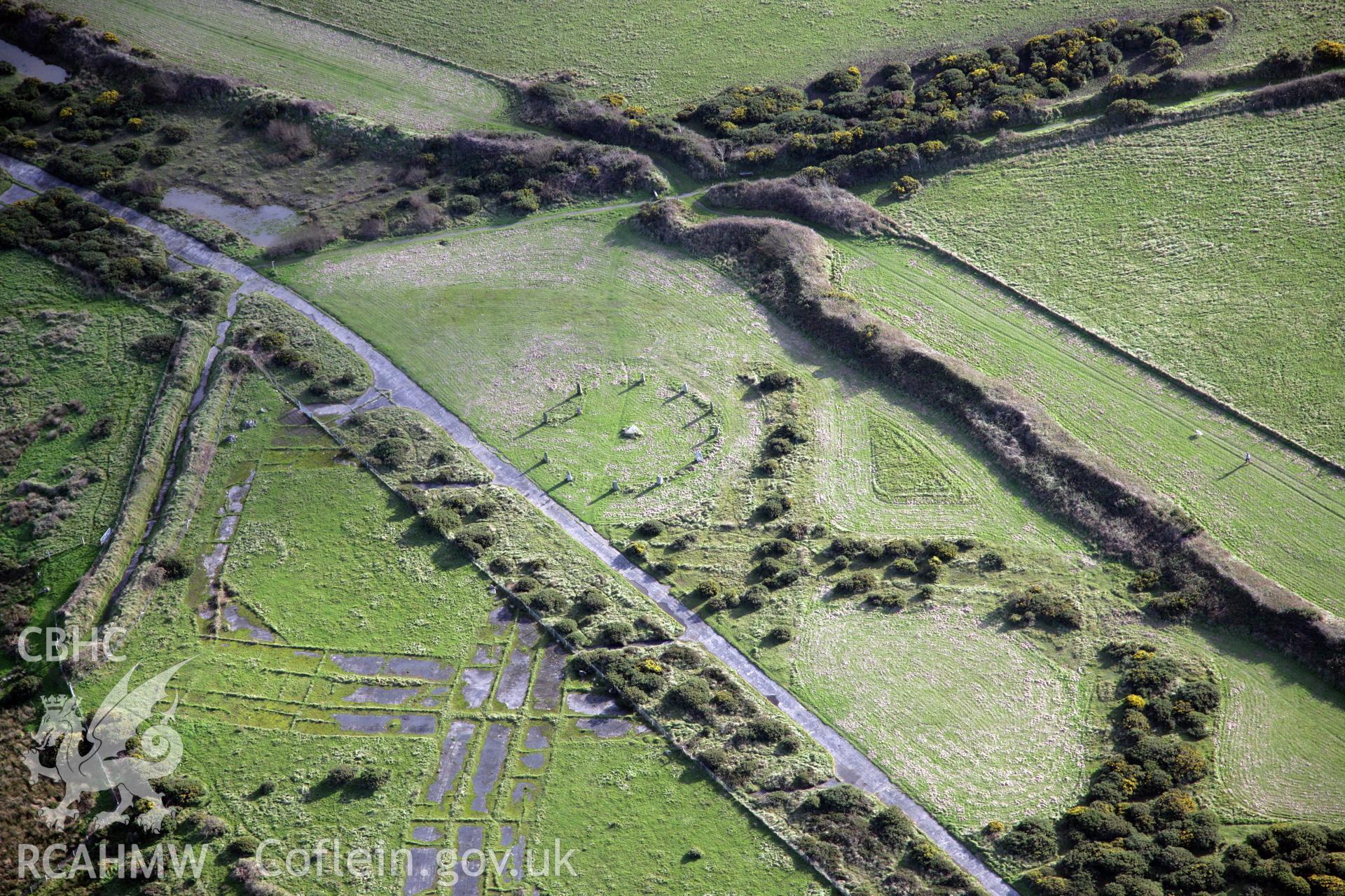 RCAHMW colour oblique photograph of St Davids Airfield and Gorsedd circle, viewed from the north. Taken by O. Davies & T. Driver on 22/11/2013.