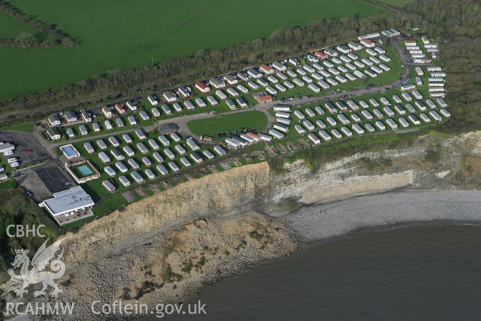 RCAHMW colour oblique photograph of Porthkerry Caravan Site, with landslip. Taken by Toby Driver on 17/11/2011.