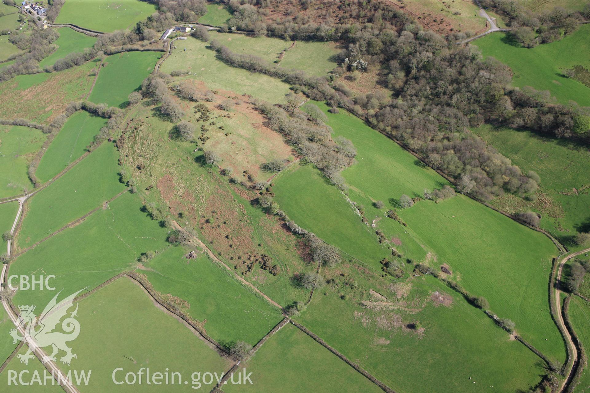 RCAHMW colour oblique photograph of Llwyndu Camp. Taken by Toby Driver on 08/04/2011.