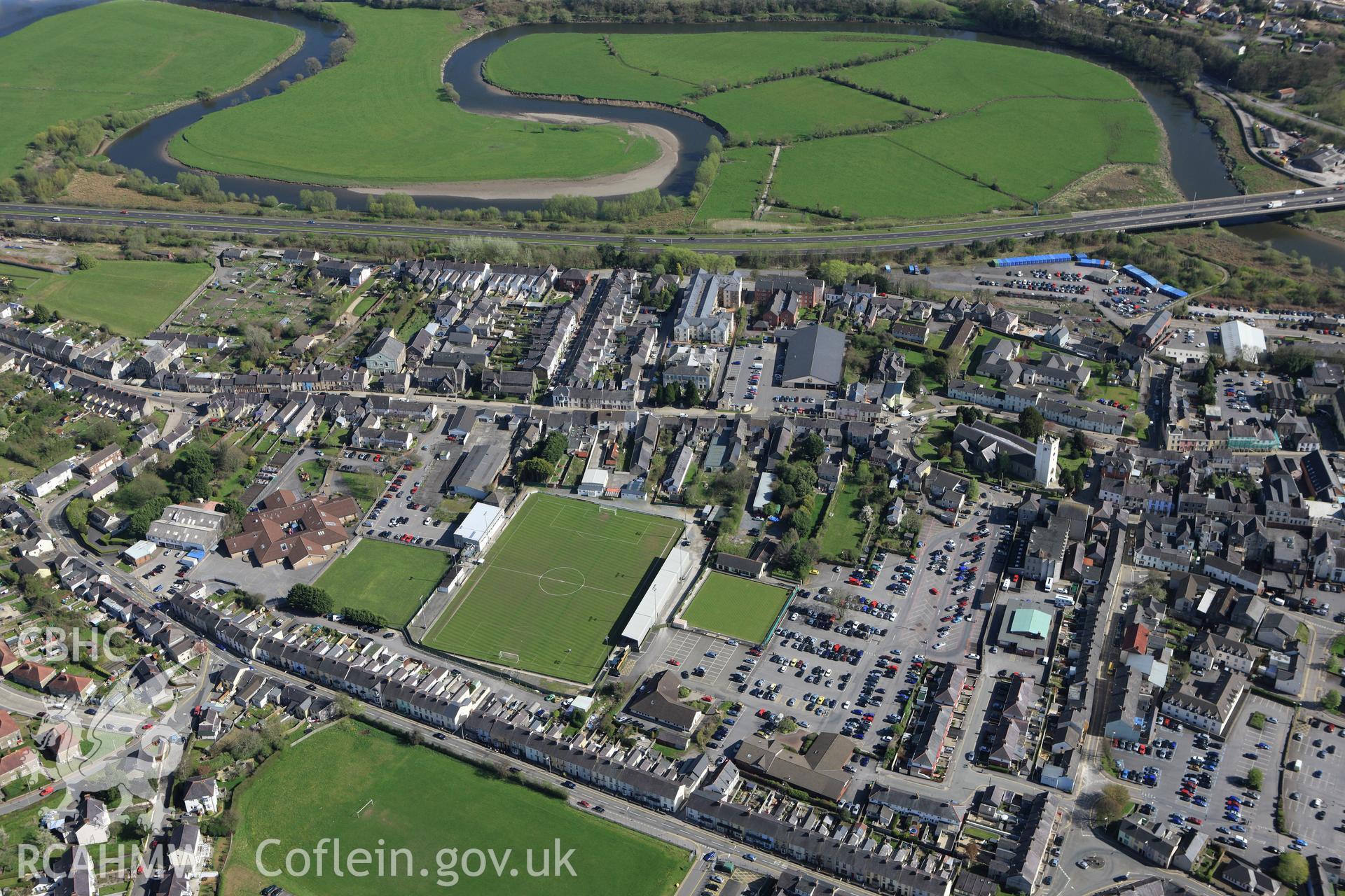 RCAHMW colour oblique photograph of Carmarthen Roman Town. Taken by Toby Driver on 08/04/2011.