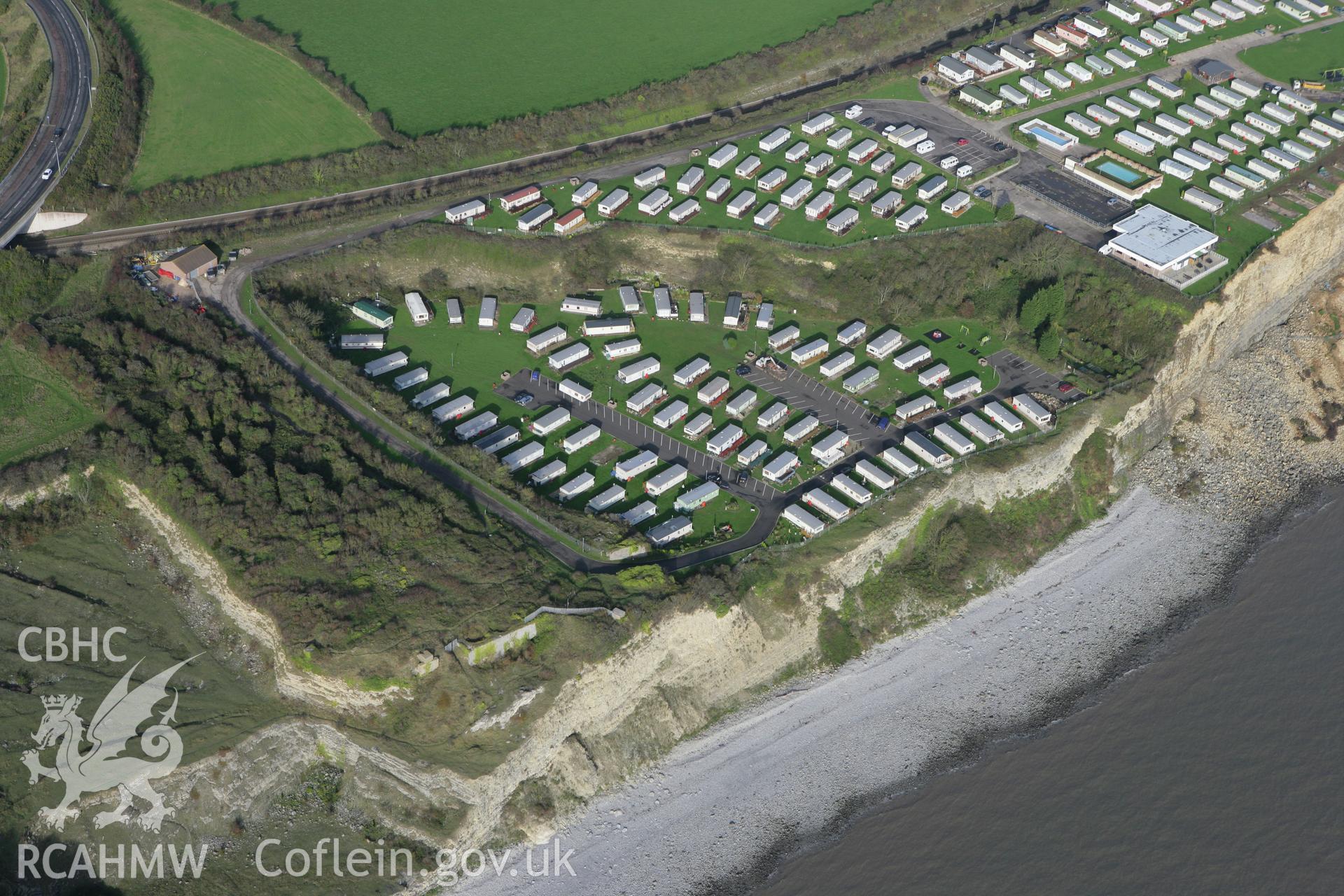 RCAHMW colour oblique photograph of Porthkerry Caravan Site, with landslip. Taken by Toby Driver on 17/11/2011.