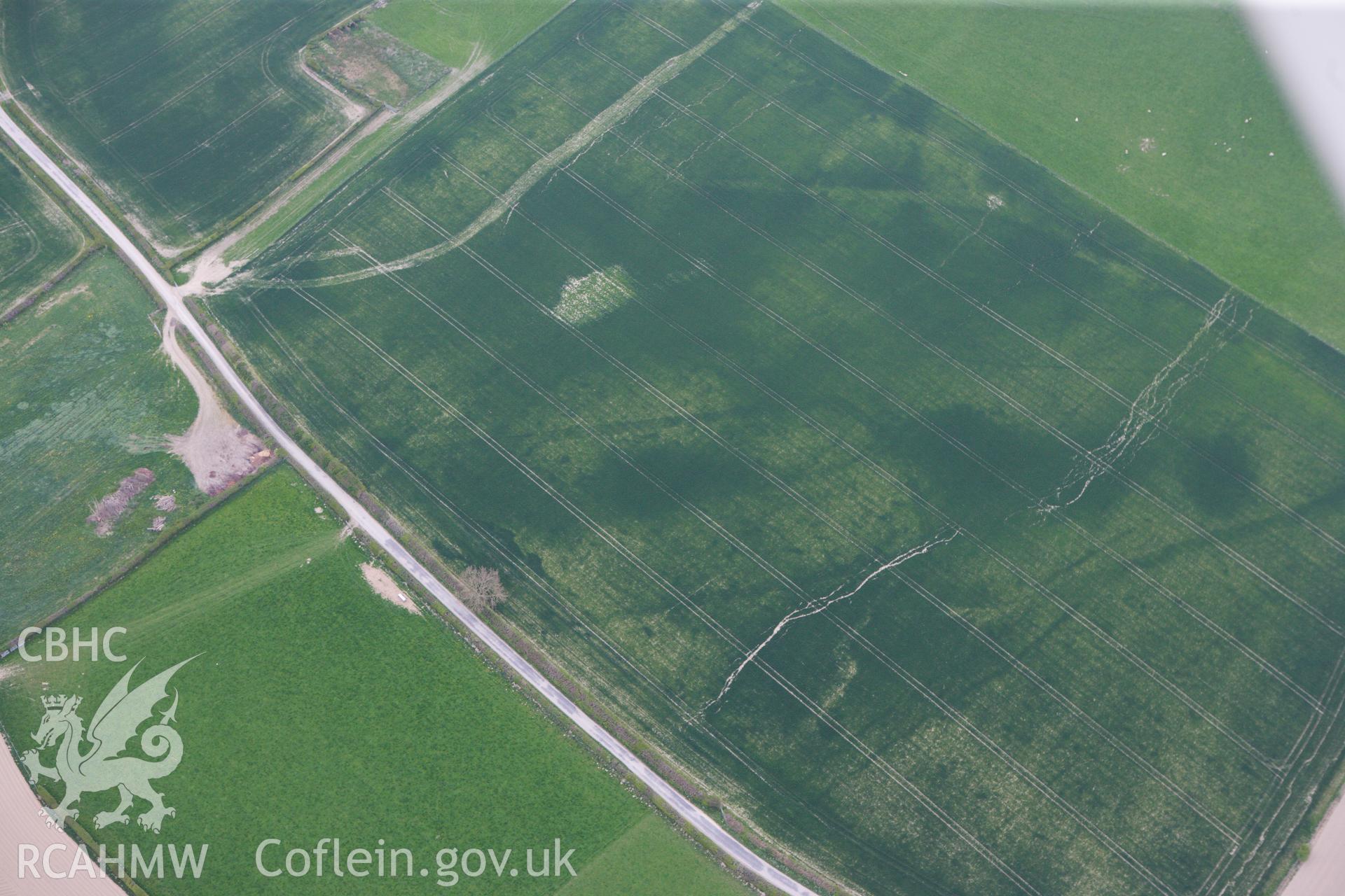 RCAHMW colour oblique photograph of Hindwell Cursus, north-east terminal. Taken by Toby Driver on 26/04/2011.