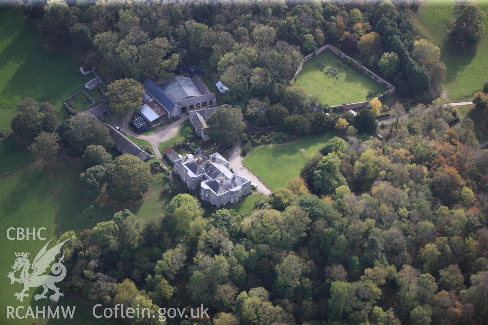 RCAHMW colour oblique photograph of Plas Heaton Mansion, Henllan. Taken by Toby Driver on 04/10/2011.