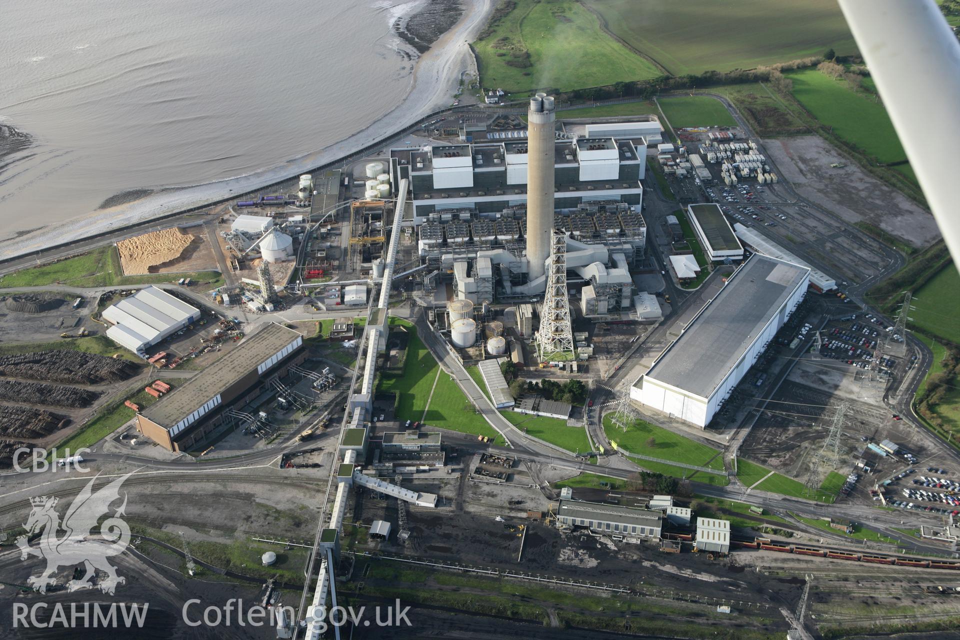 RCAHMW colour oblique photograph of Aberthaw Power Station, from the west. Taken by Toby Driver on 17/11/2011.