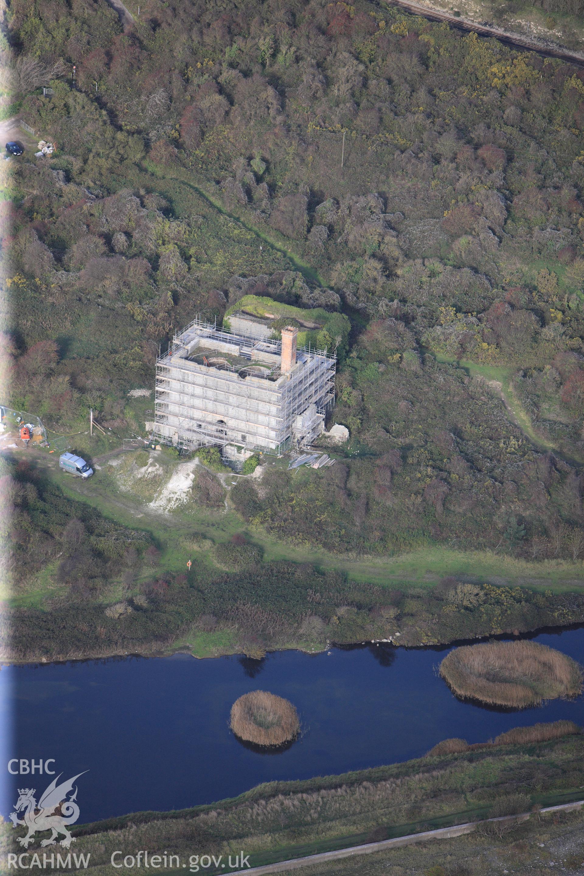 RCAHMW colour oblique photograph of Aberthaw Lime Works and Cement Works. Taken by Toby Driver on 17/11/2011.