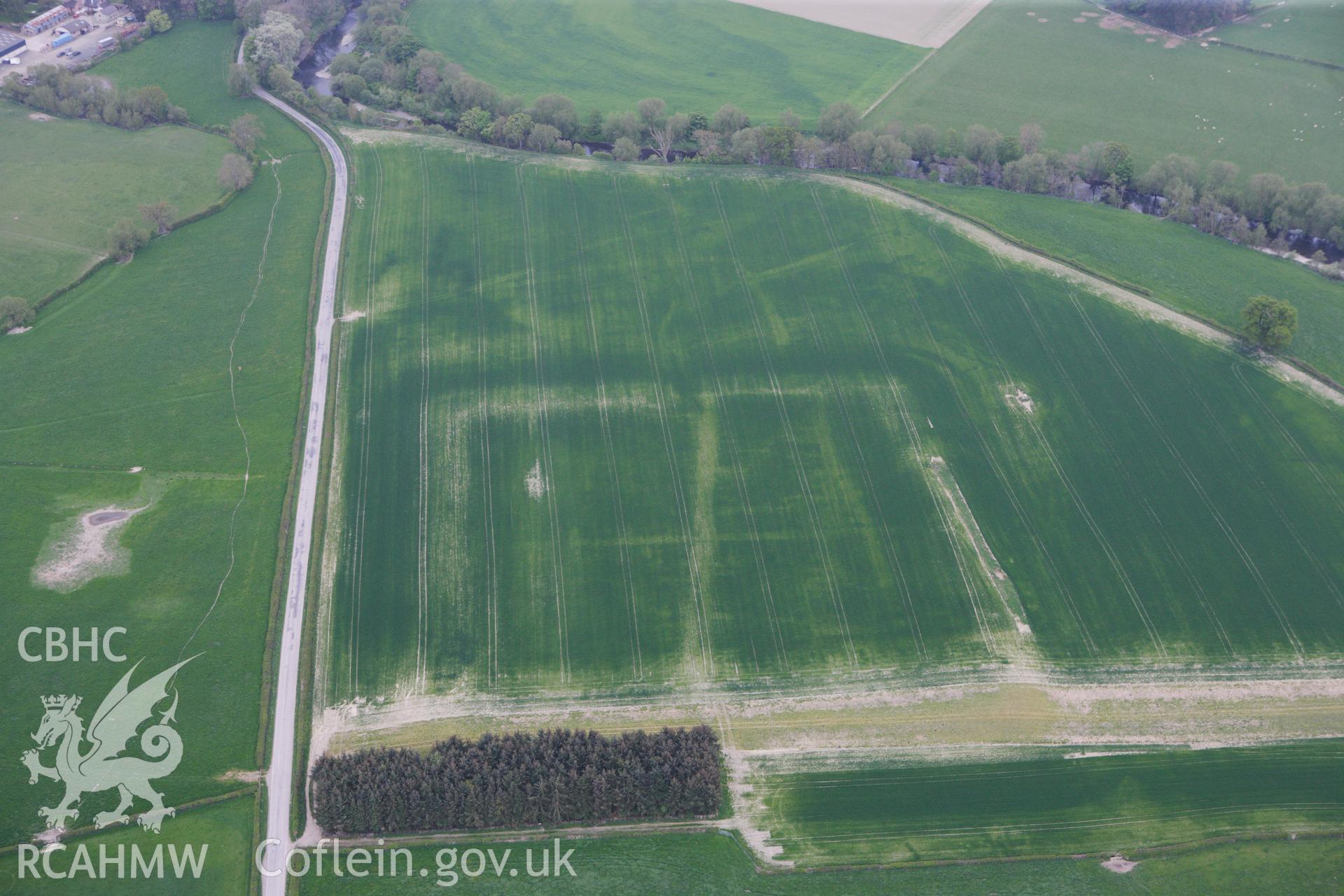 RCAHMW colour oblique photograph of Forden Gaer Roman settlement, with cropmarks showing. Taken by Toby Driver on 26/04/2011.