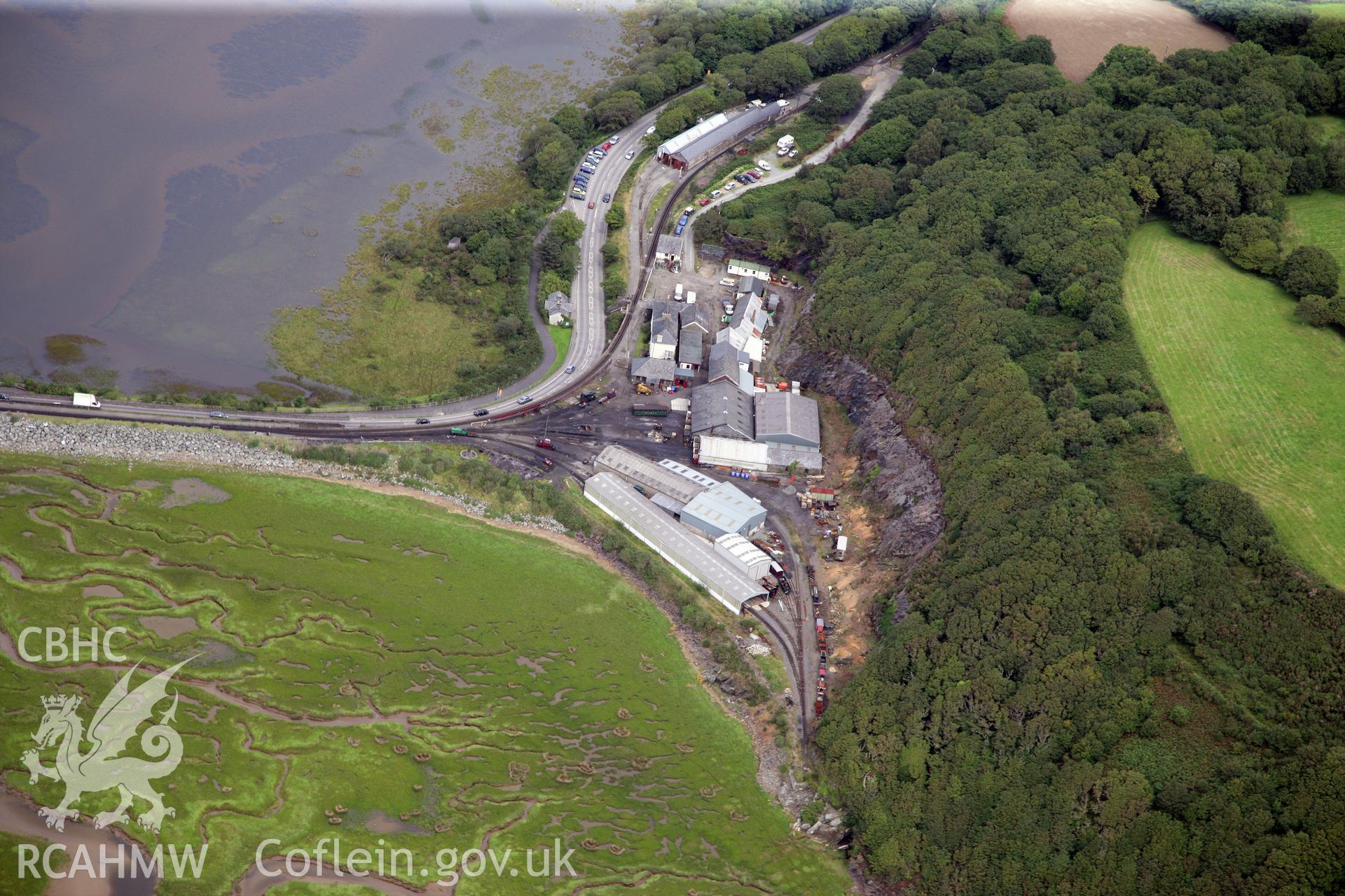 RCAHMW colour oblique photograph of Boston Lodge Railway Works, Ffestiniog Railway. Taken by Toby Driver on 17/08/2011.