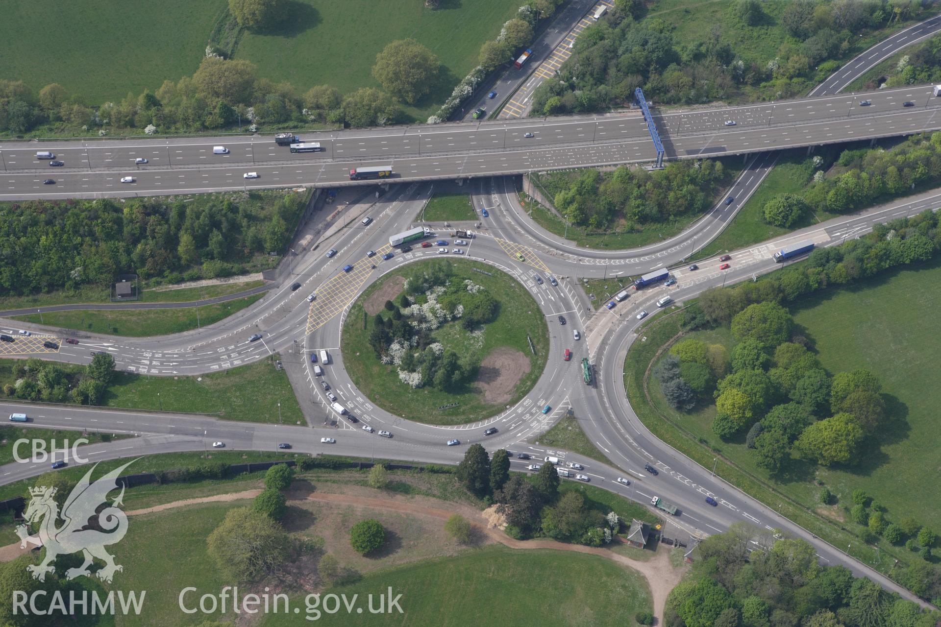 RCAHMW colour oblique photograph of Tredegar, M4 motorway rooundabout, and parkland. Taken by Toby Driver on 26/04/2011.