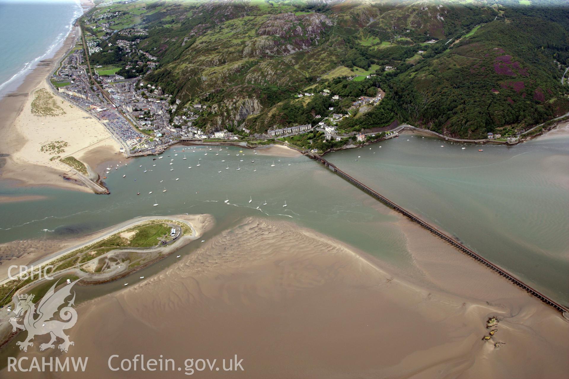 RCAHMW colour oblique photograph of Barmouth Railway Viaduct, Cambrian Coast Line. Taken by Toby Driver on 17/08/2011.