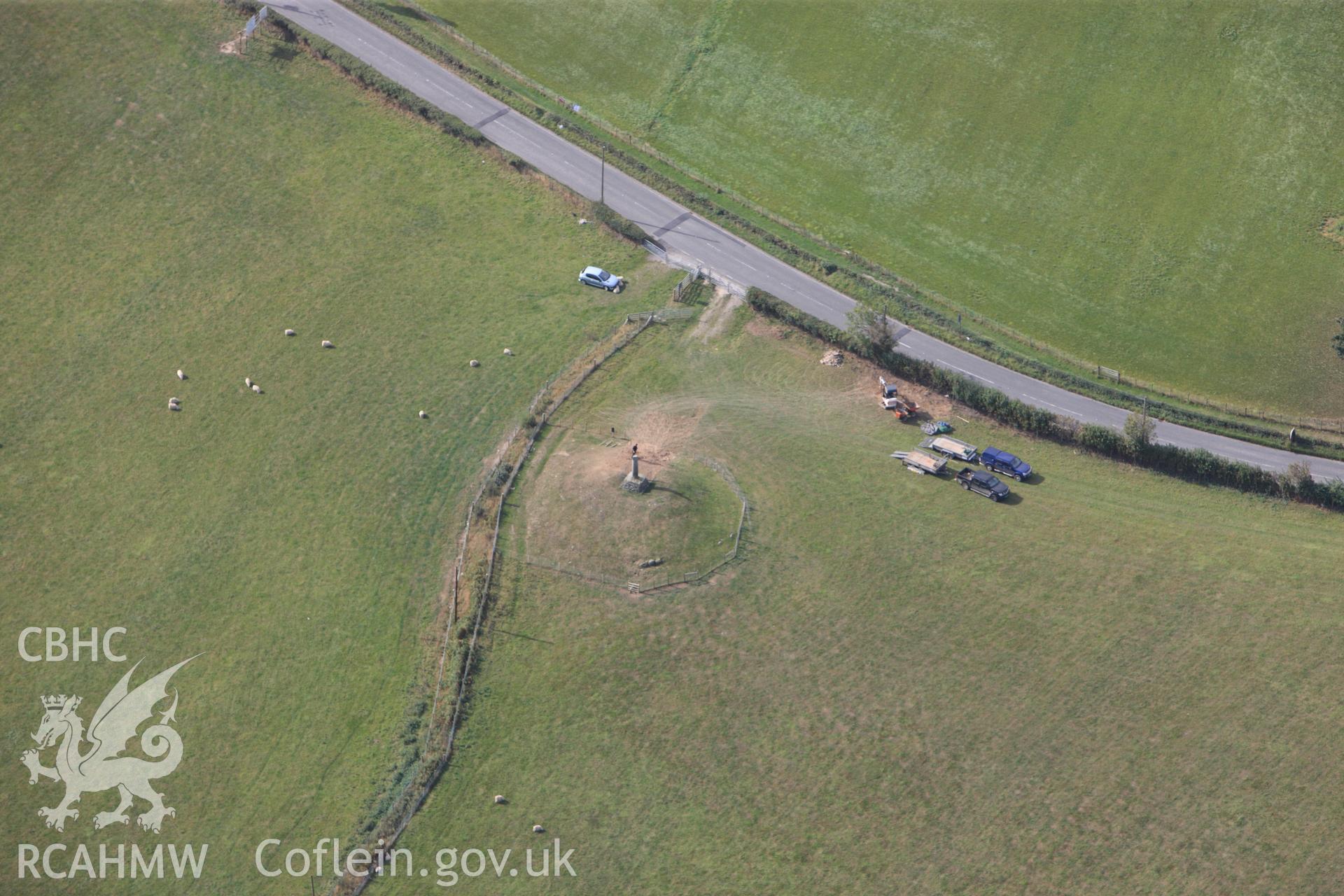 RCAHMW colour oblique photograph of Pillar of Eliseg; Eliseg's Pillar, Cross and Burial Mound. Taken by Toby Driver on 04/10/2011.