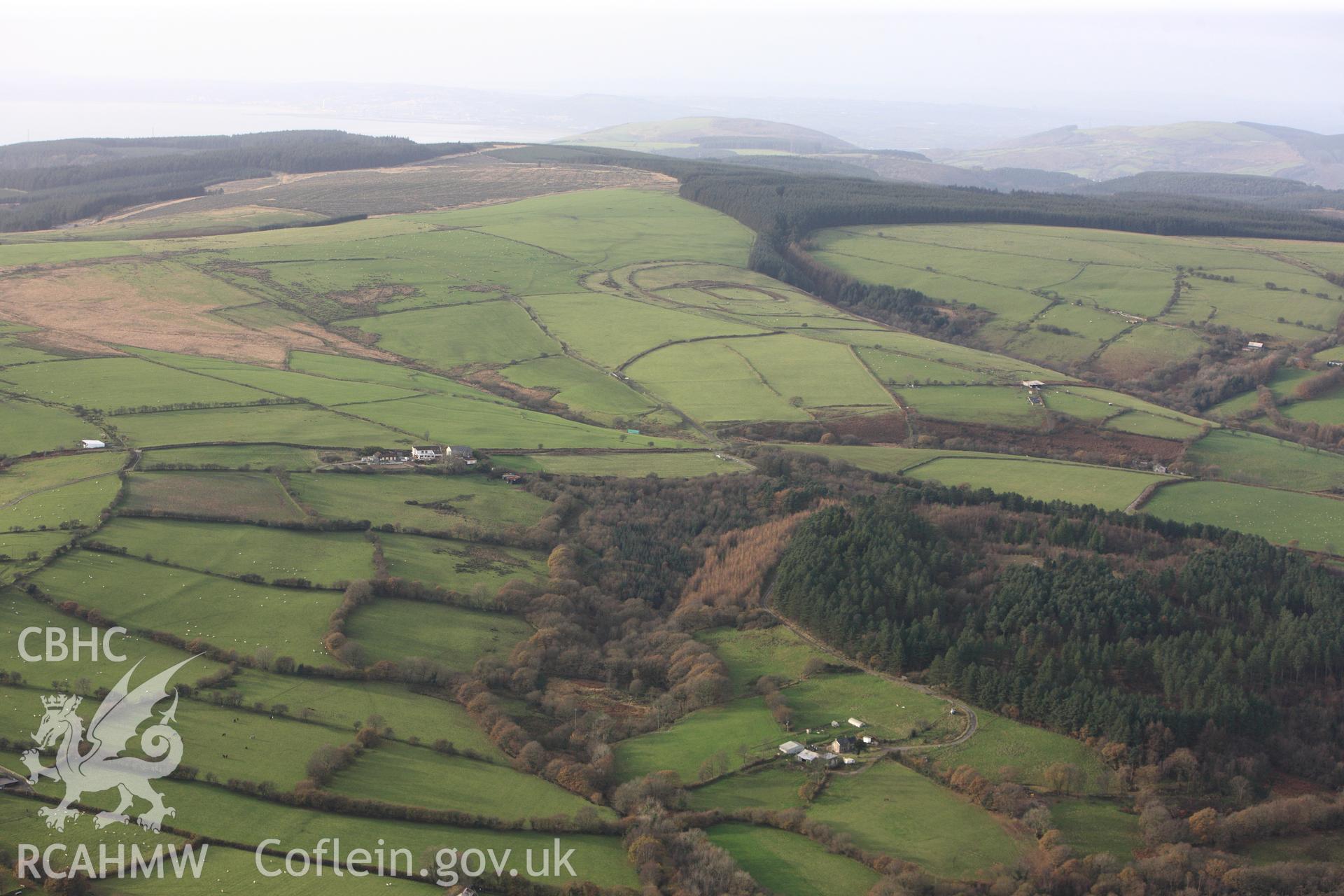 RCAHMW colour oblique photograph of landscape looking north-west towards Y Bwlwarcau Hillfort, from Waun y Gilfach. Taken by Toby Driver on 17/11/2011.