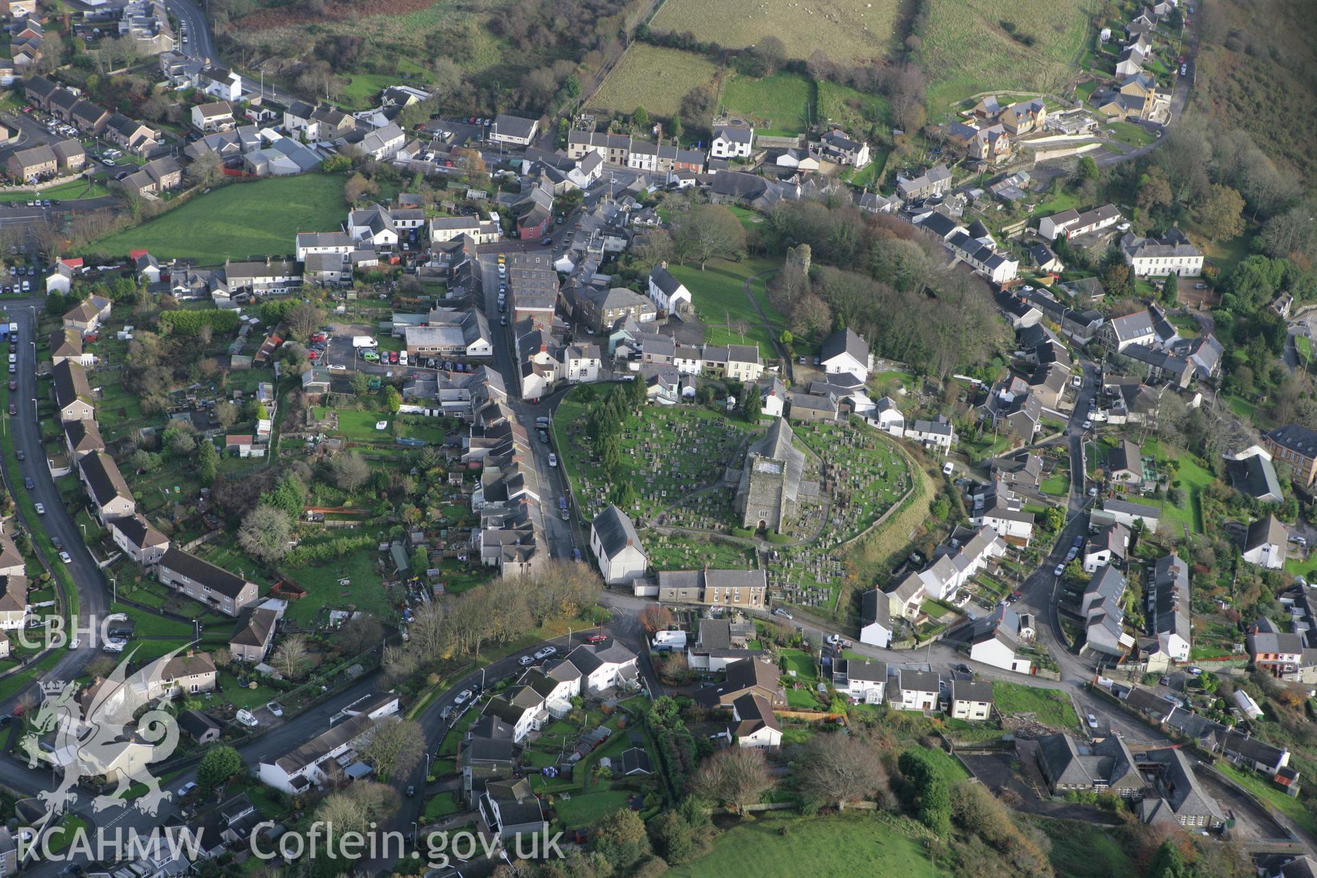 RCAHMW colour oblique photograph of Church of Saints Illtyd, Gwyno and Tyfodwg, Llantrisant. Taken by Toby Driver on 17/11/2011.