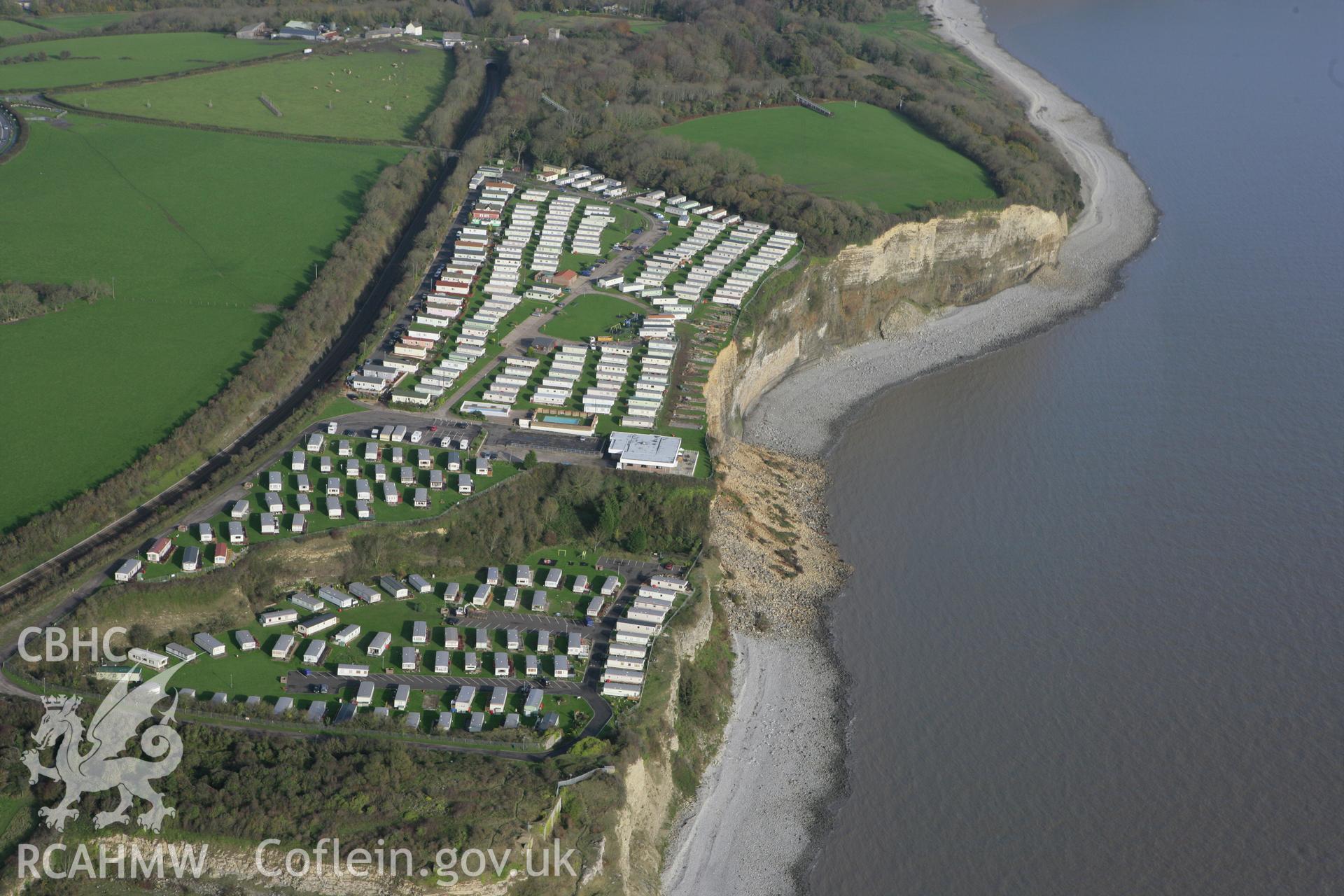 RCAHMW colour oblique photograph of Porthkerry Caravan Site, with landslip. Taken by Toby Driver on 17/11/2011.