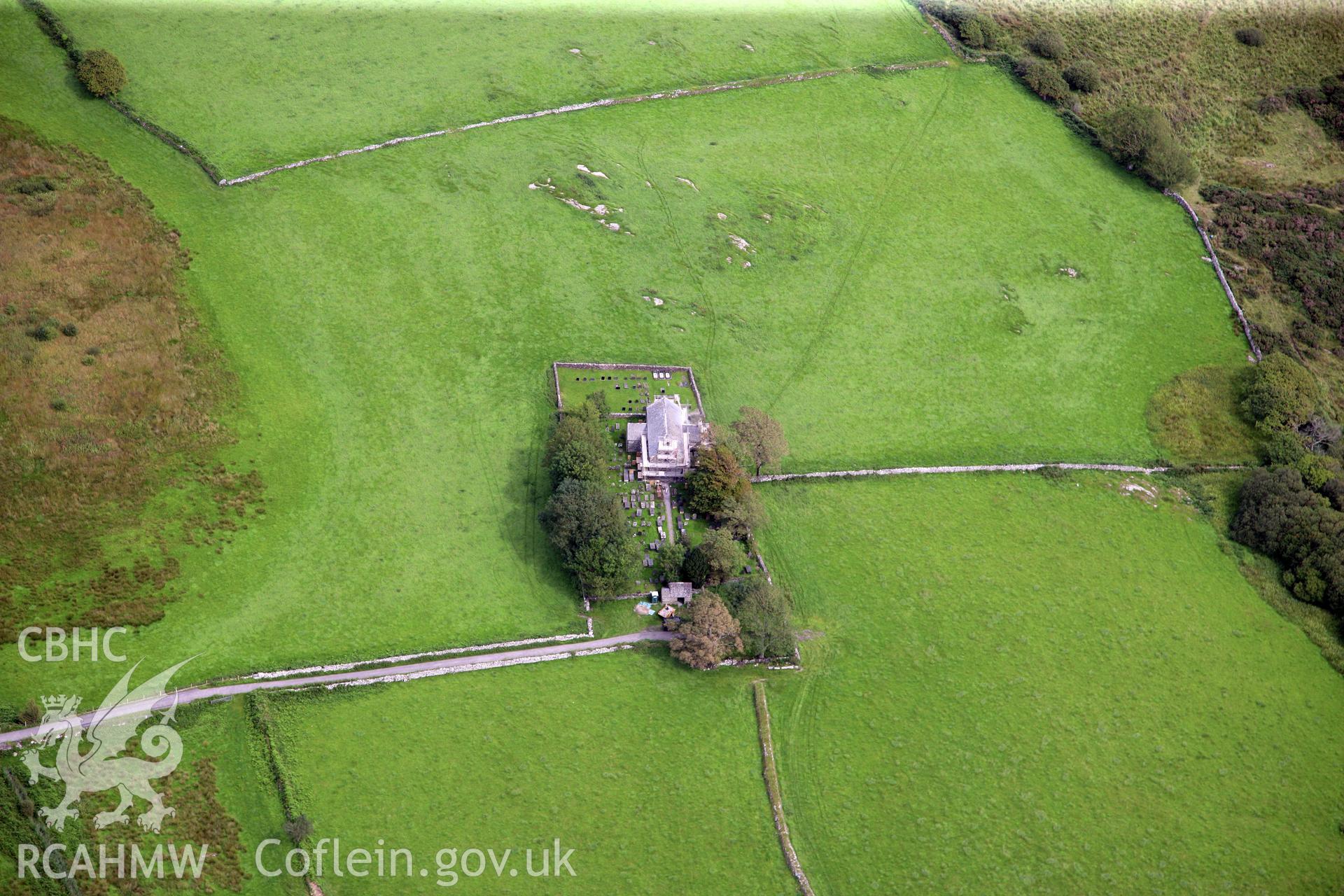 RCAHMW colour oblique photograph of St Cynhaiarn's Church, north-east of Criccieth. Taken by Toby Driver on 17/08/2011.