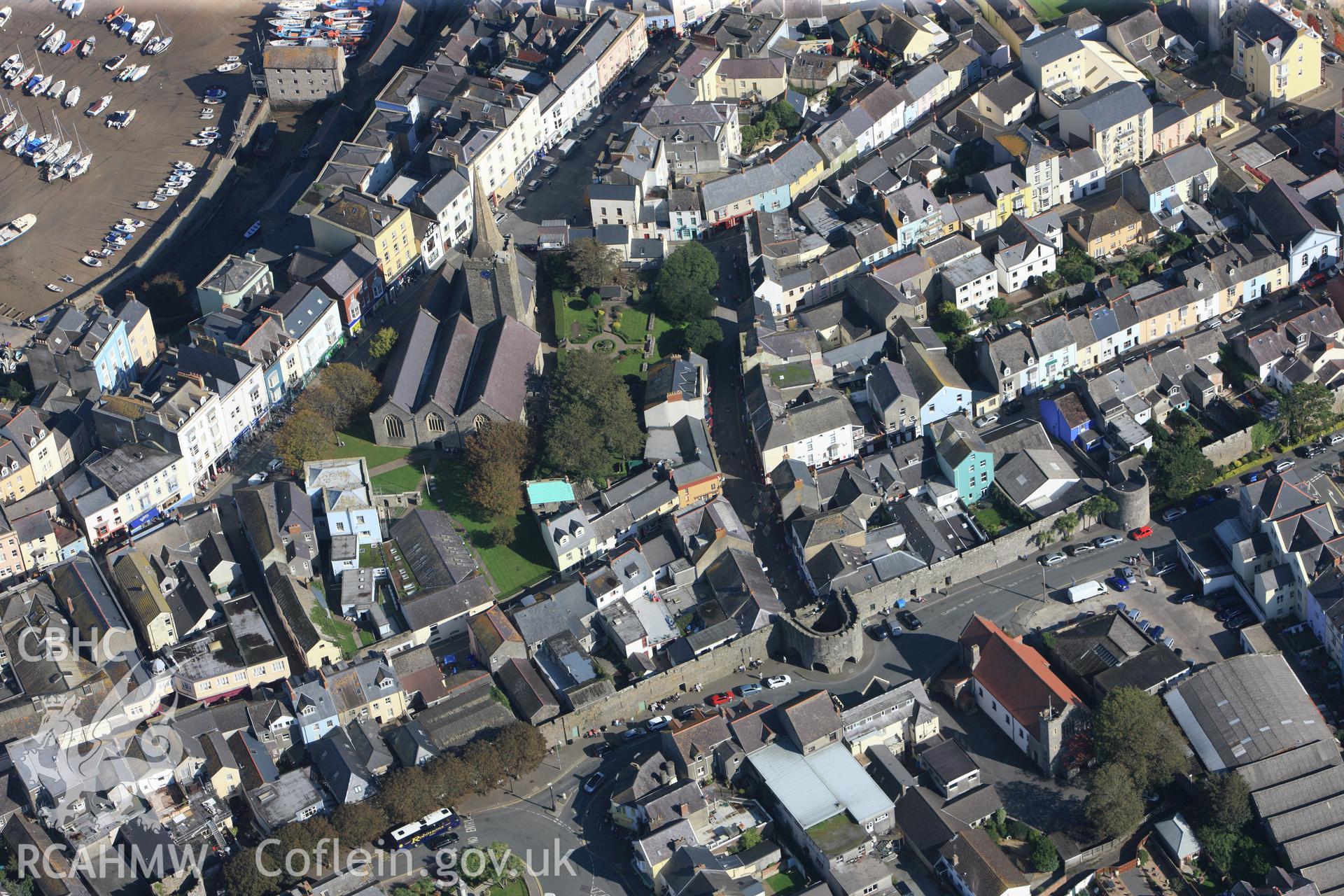 RCAHMW colour oblique photograph of town wall and St Mary's Church, Tenby, from the north-west. Taken by Toby Driver and Oliver Davies on 28/09/2011.