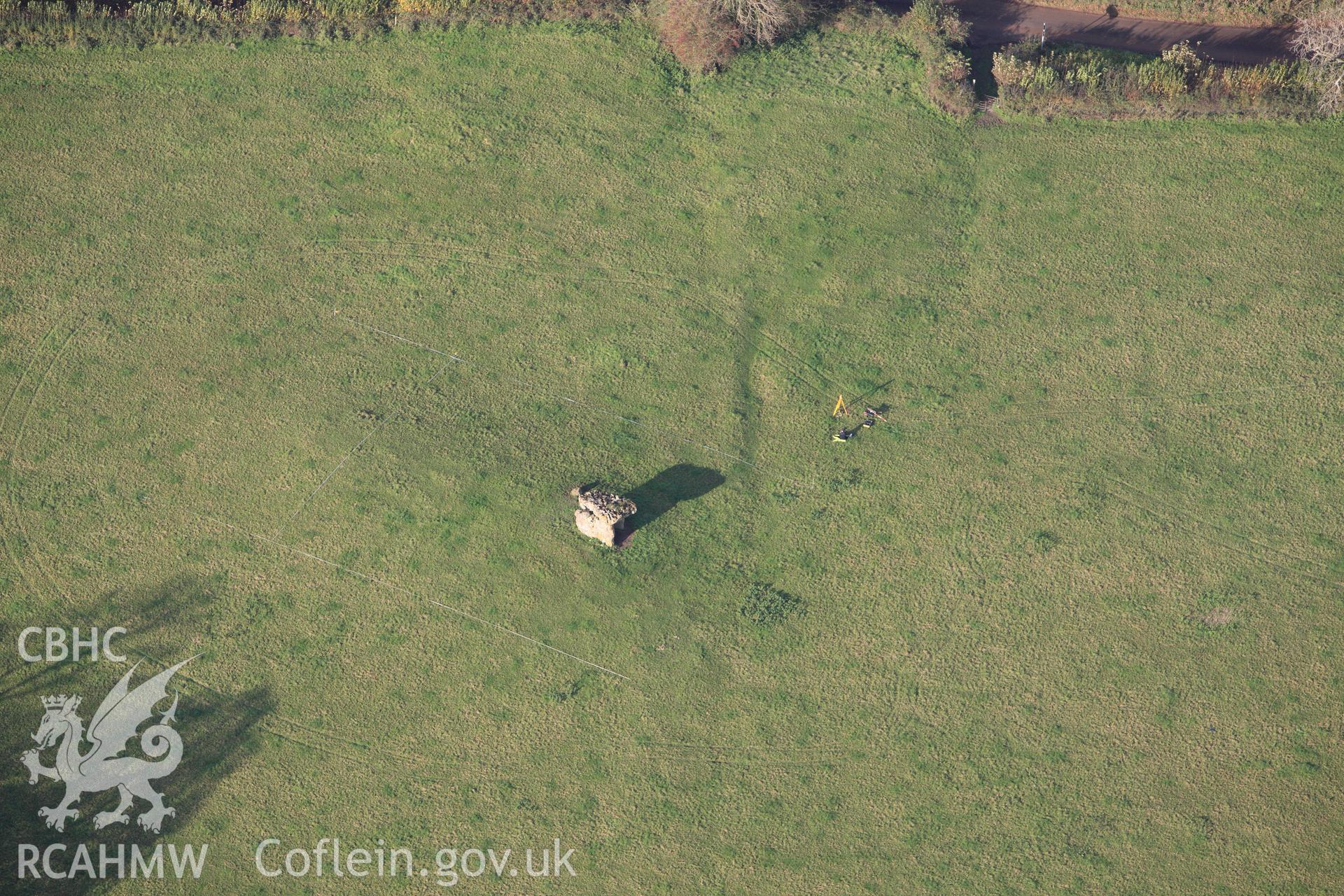 RCAHMW colour oblique photograph of St Lythans Chambered Long Cairn. Taken by Toby Driver on 17/11/2011.