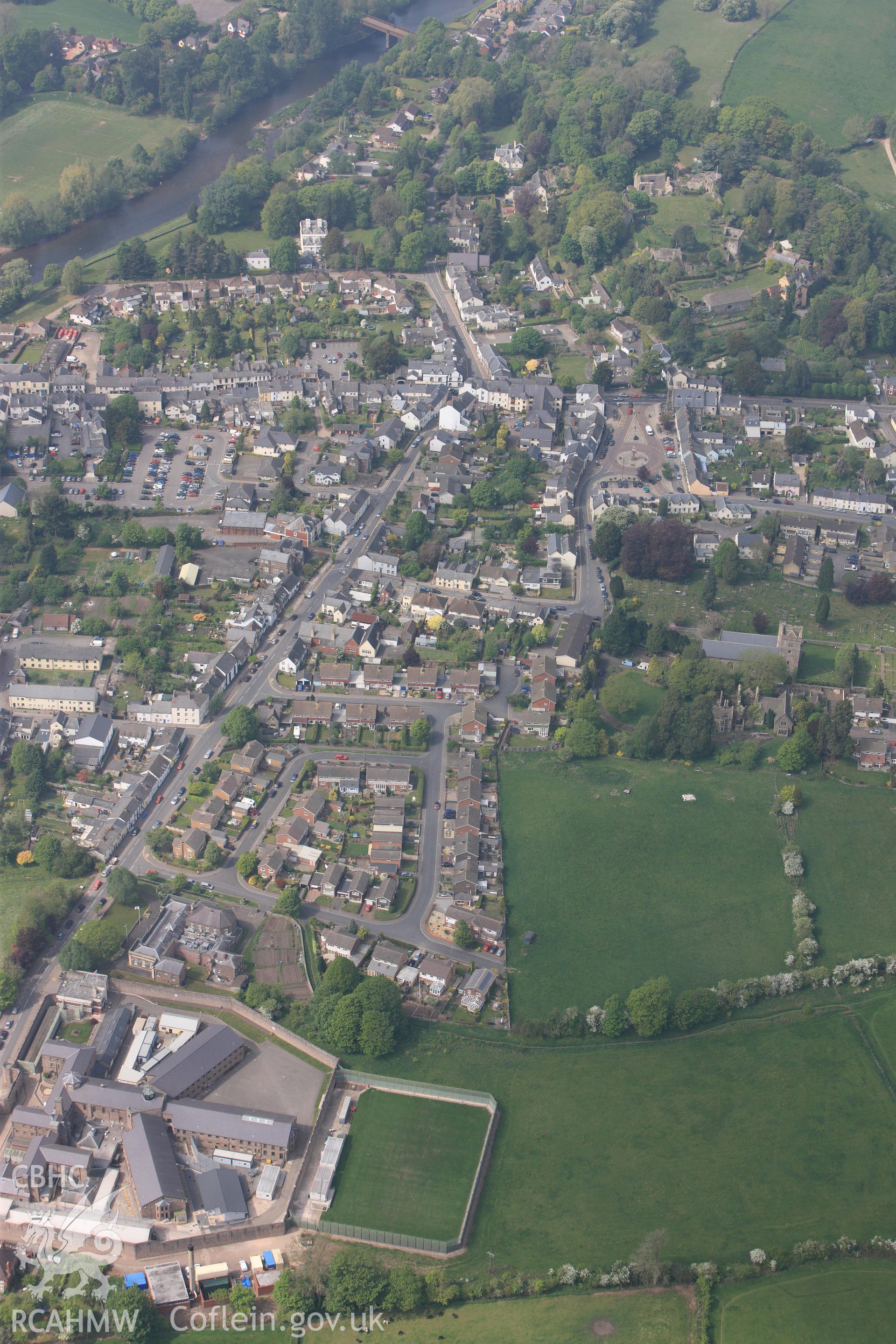 RCAHMW colour oblique photograph of Usk, townscape from south-east. Taken by Toby Driver on 26/04/2011.