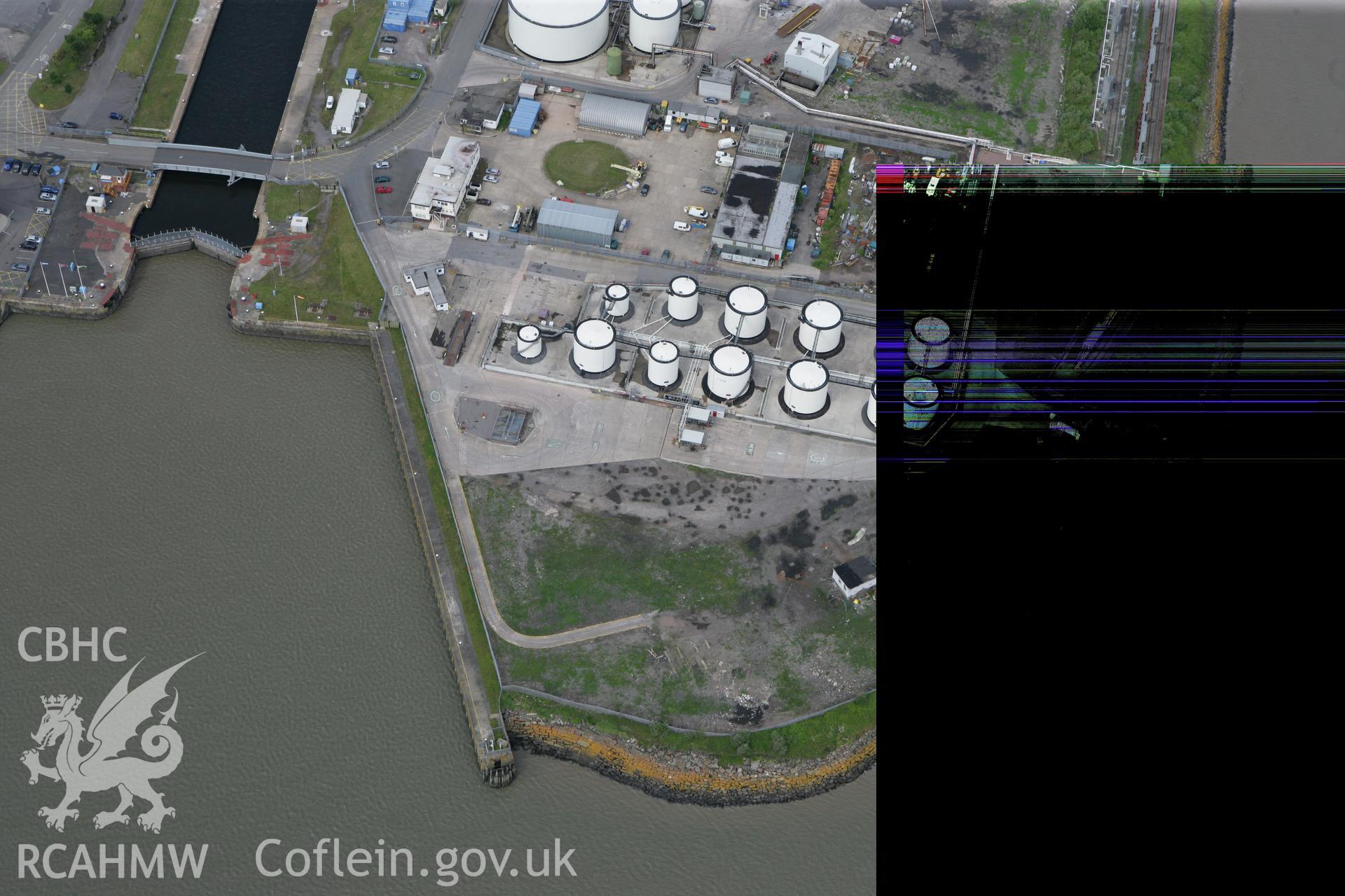 RCAHMW colour oblique photograph of Gun emplacement, Queen Alexandra Dock. Taken by Toby Driver on 13/06/2011.