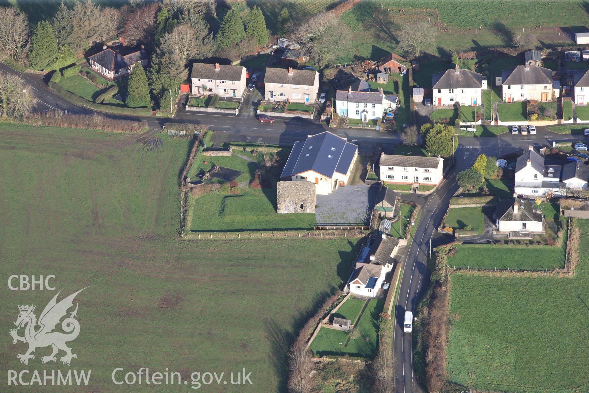 RCAHMW colour oblique photograph of Hospital of St. Mary the Virgin, St. Thomas the Martyr and Edward the King, Llawhaden. Taken by Toby Driver on 27/01/2012.