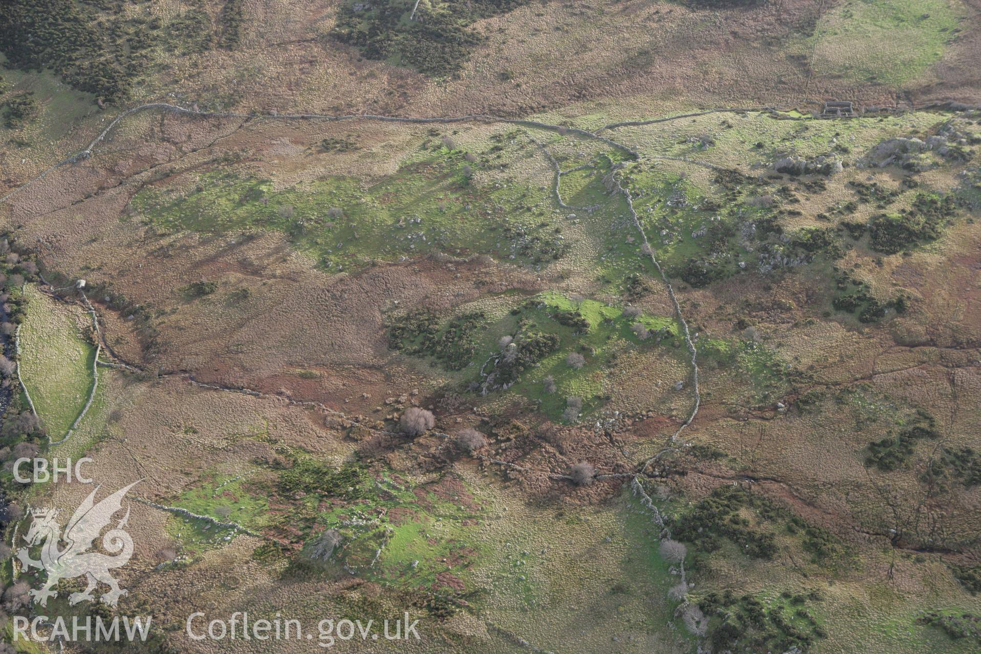 RCAHMW colour oblique photograph of Hafod y Garreg deserted rural settlement. Taken by Toby Driver on 13/01/2012.