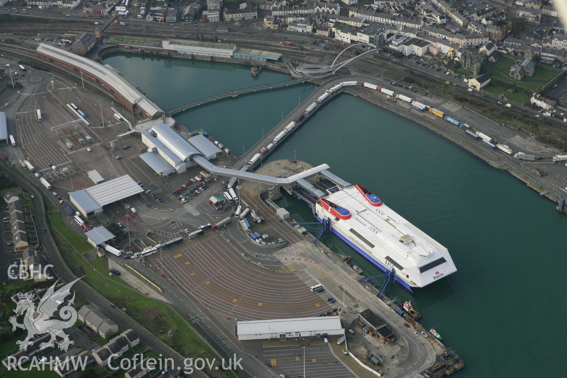 RCAHMW colour oblique photograph of Holyhead Harbour Ferry Terminal. Taken by Toby Driver on 13/01/2012.