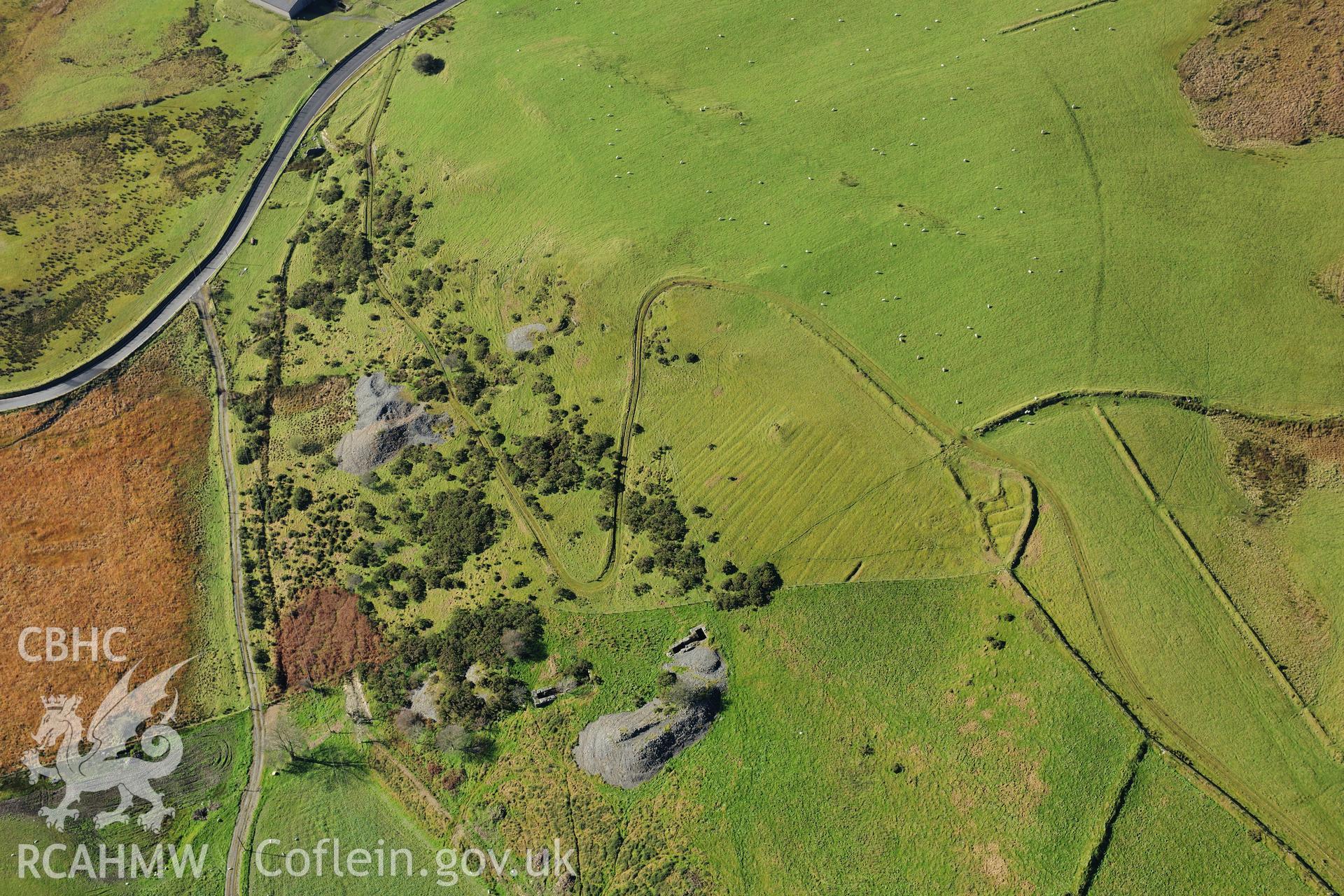 RCAHMW colour oblique photograph of Penlan Fach mine, and old cultivation ridges. Taken by Toby Driver on 05/11/2012.