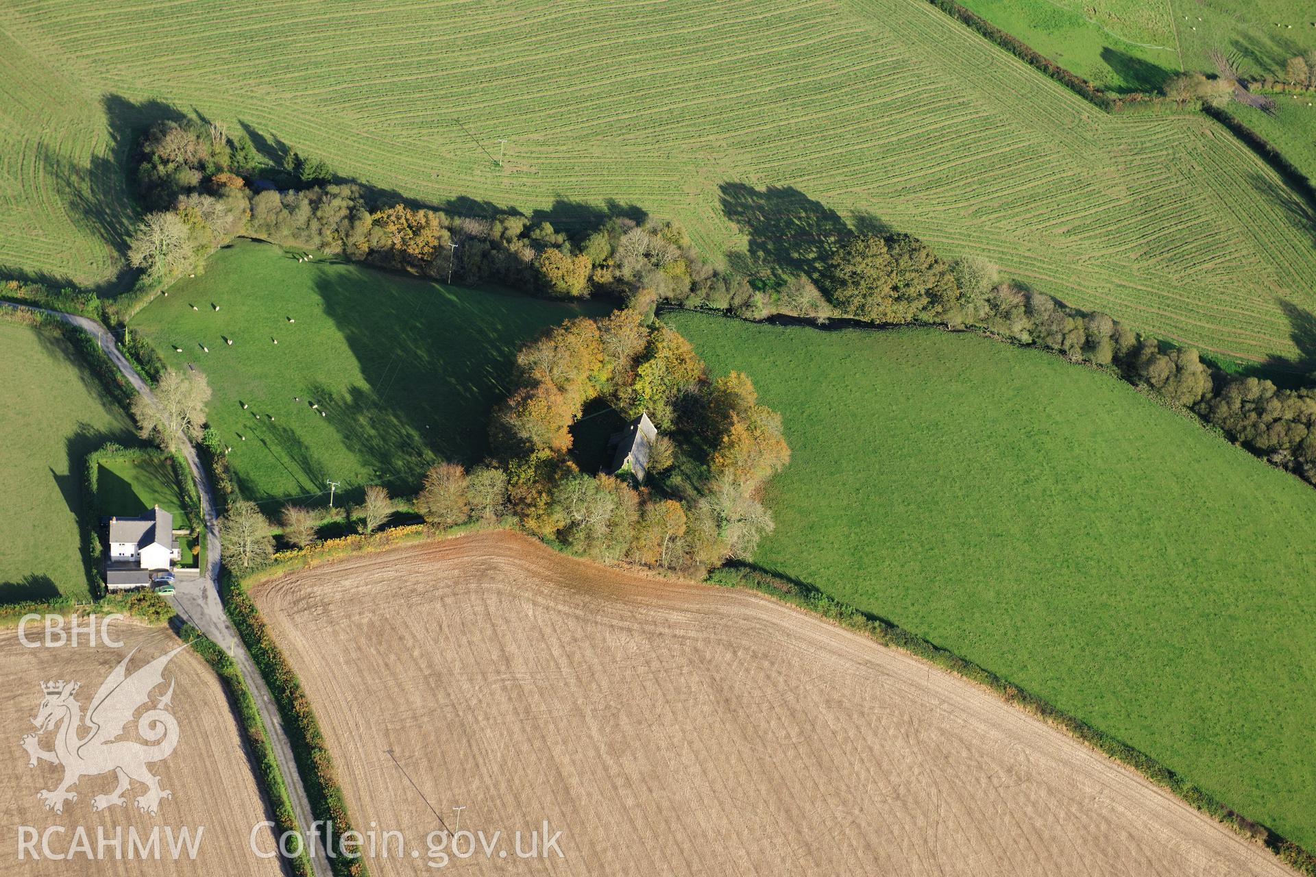 RCAHMW colour oblique photograph of   Llangan church cropmark. Taken by Toby Driver on 26/10/2012.