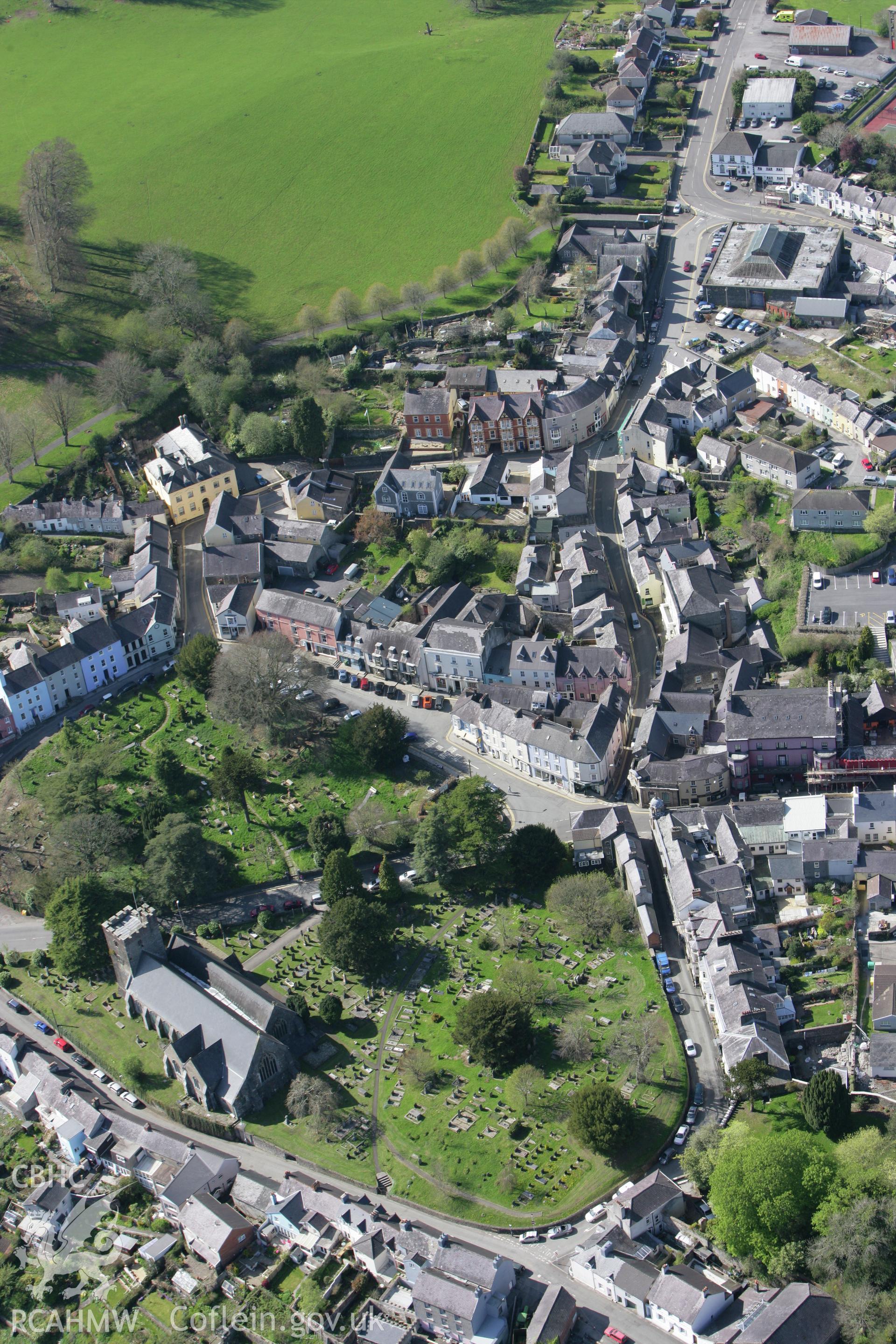 RCAHMW colour oblique photograph of St Teilo's Church, Llandeilo. Taken by Toby Driver on 08/04/2011.