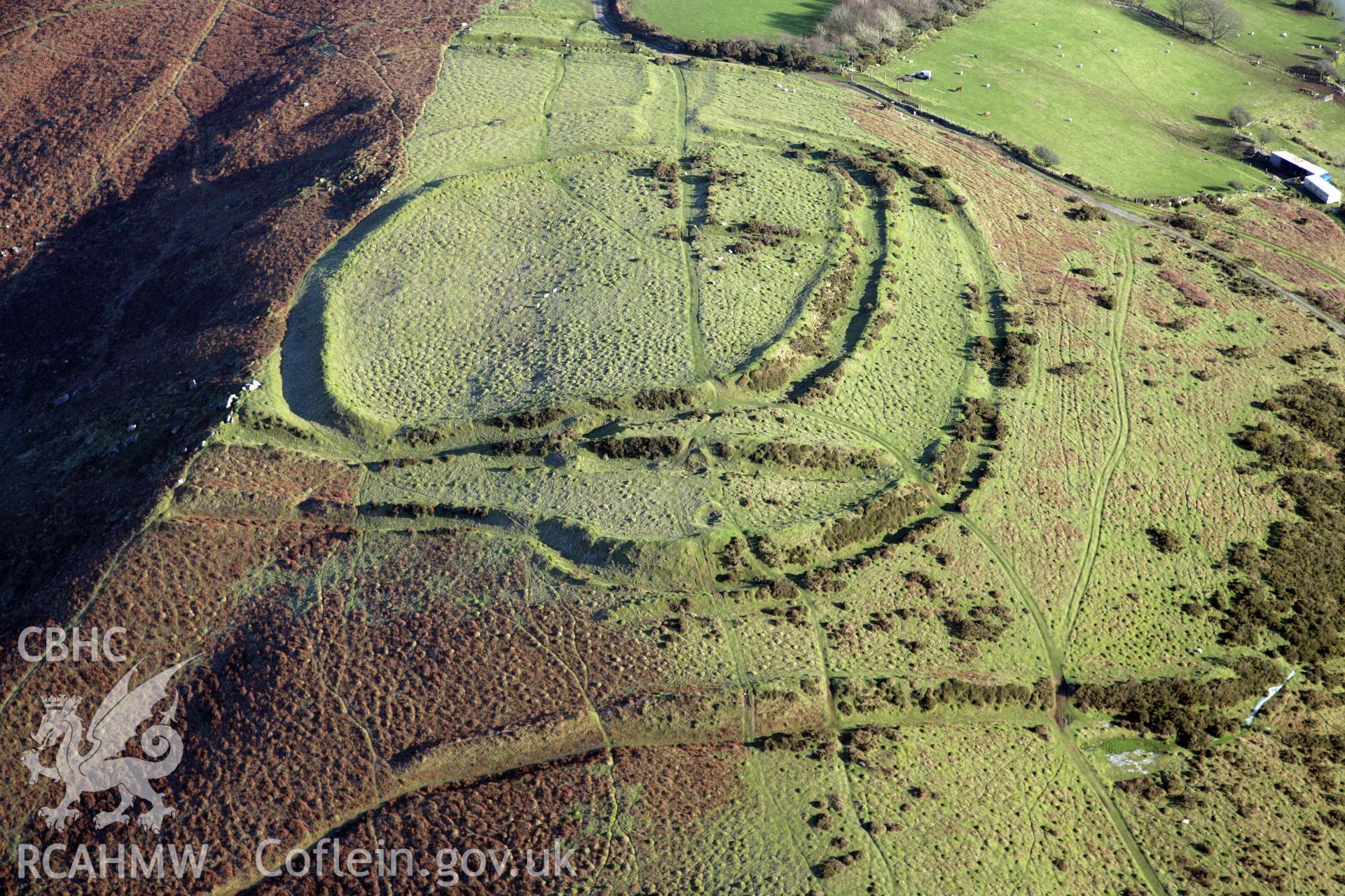 RCAHMW colour oblique photograph of The Bulwark, Llanmadoc Hill. Taken by Toby Driver on 02/02/2012.