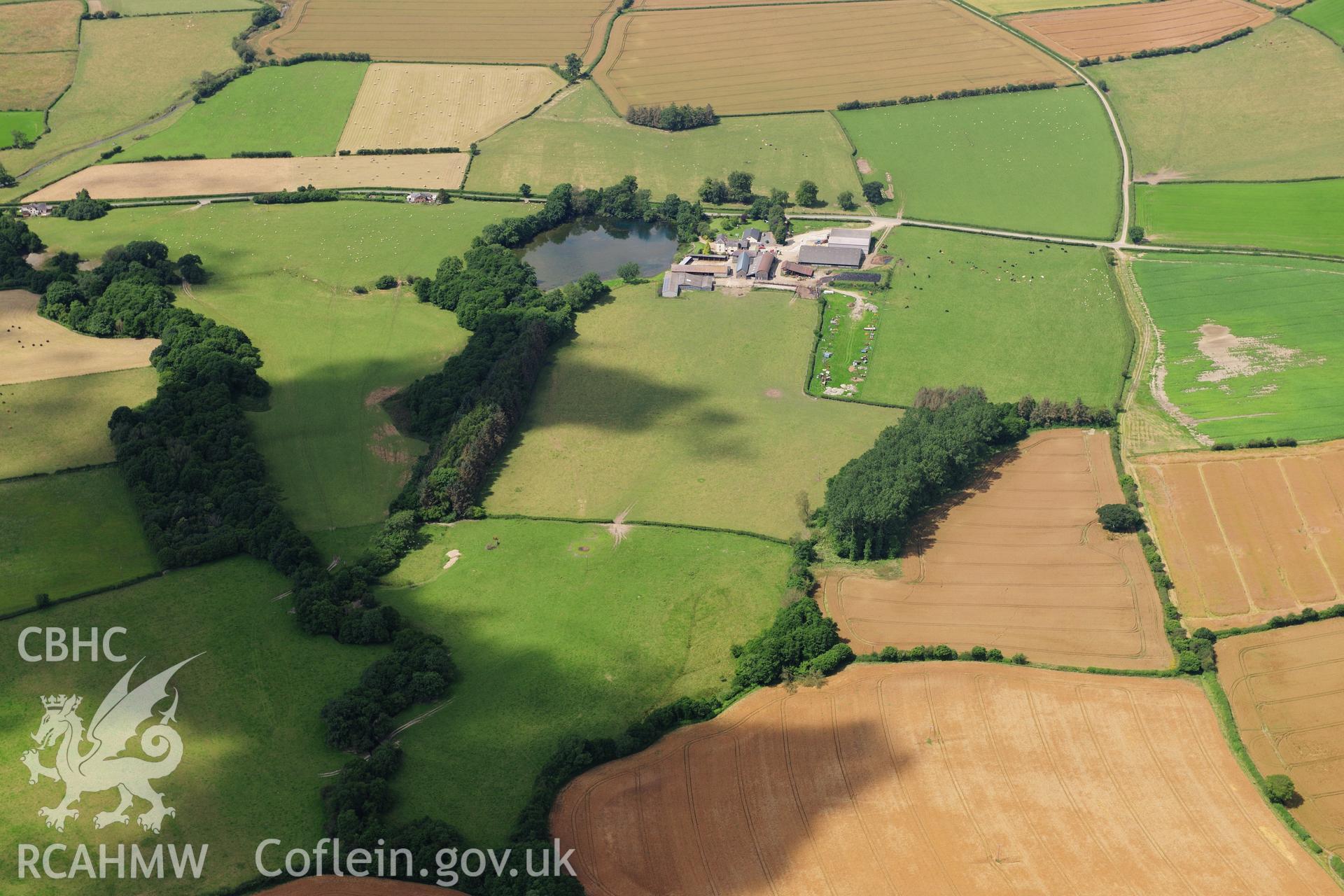 RCAHMW colour oblique photograph of Hindwell Roman fort, view from east. Taken by Toby Driver on 27/07/2012.