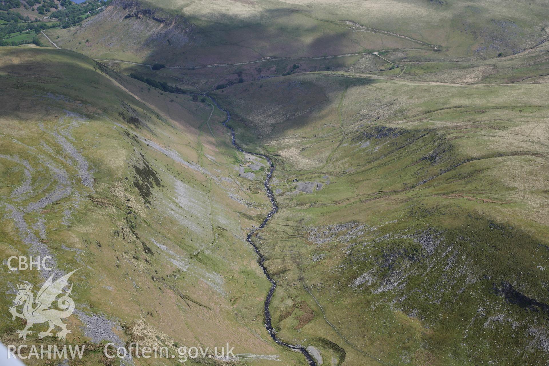 RCAHMW colour oblique photograph of Landscape view of Dalrhiw Lead Mine and Nant Y Car South Lead Mine. Taken by Toby Driver on 28/05/2012.