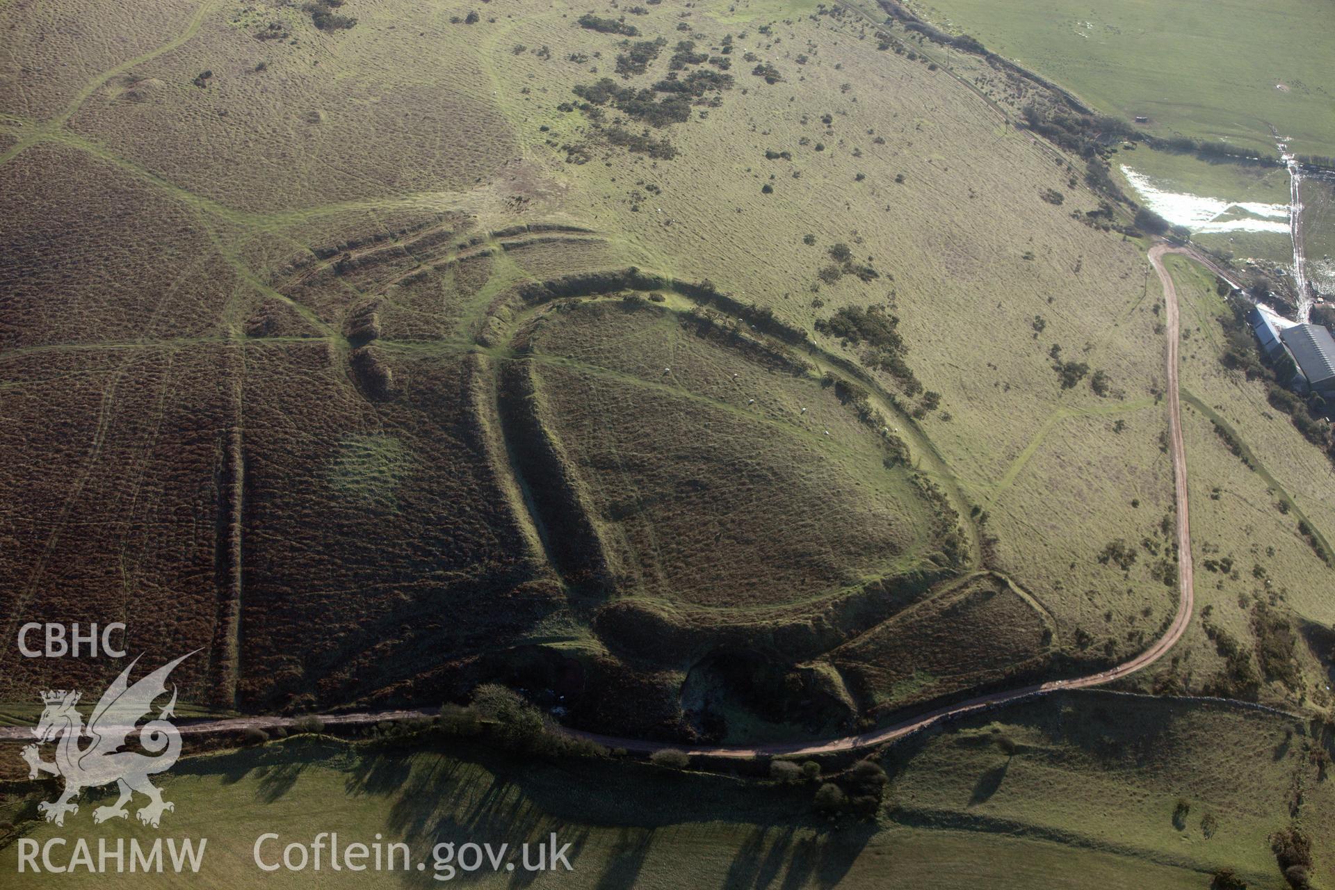 RCAHMW colour oblique photograph of Hardings Down, West Fort. Taken by Toby Driver on 02/02/2012.