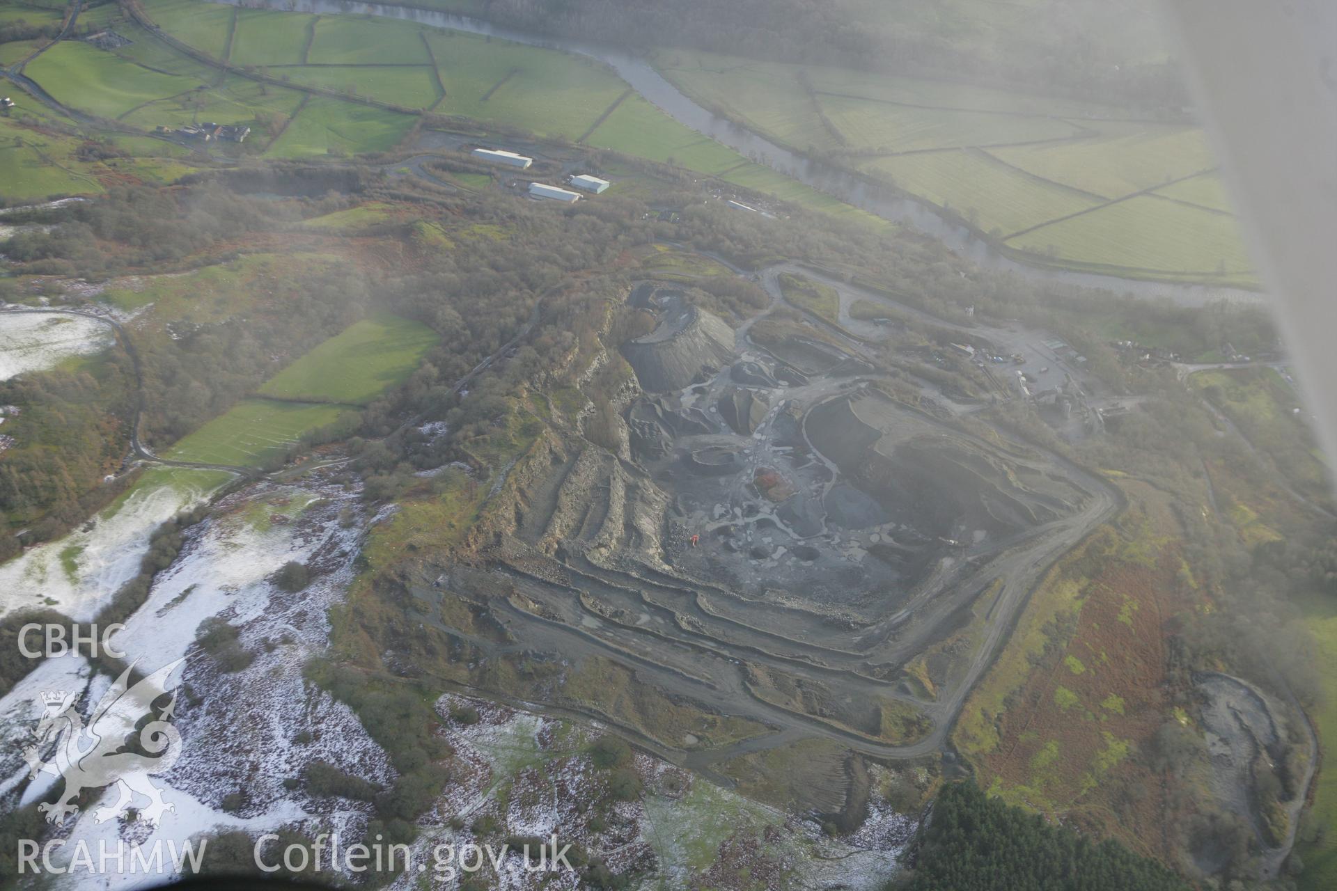 RCAHMW colour oblique photograph of Llanelwedd stone quarry. Taken by Toby Driver on 18/12/2011.