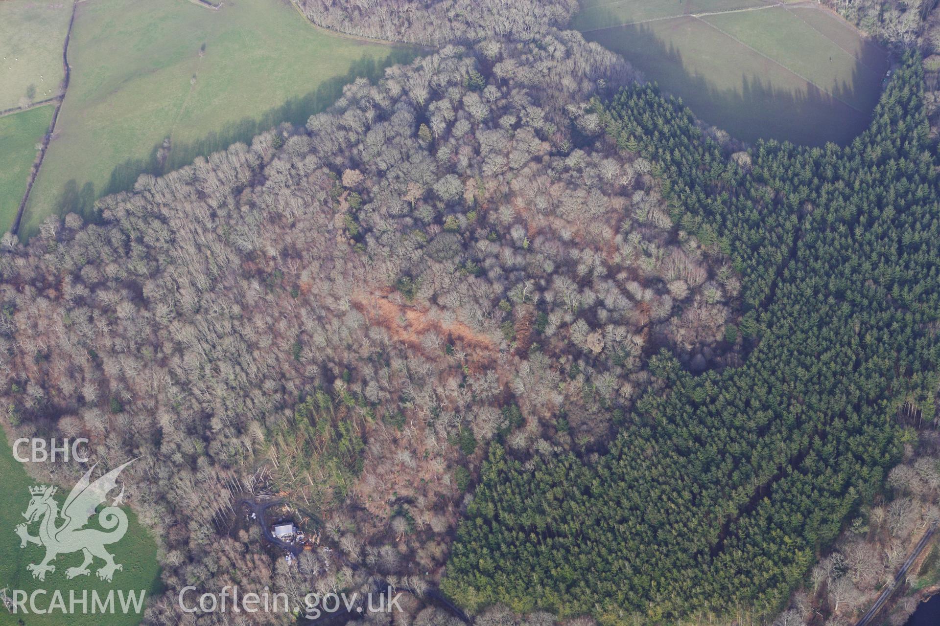 RCAHMW colour oblique photograph of Old Warren Hill, hillfort. Taken by Toby Driver on 07/02/2012.