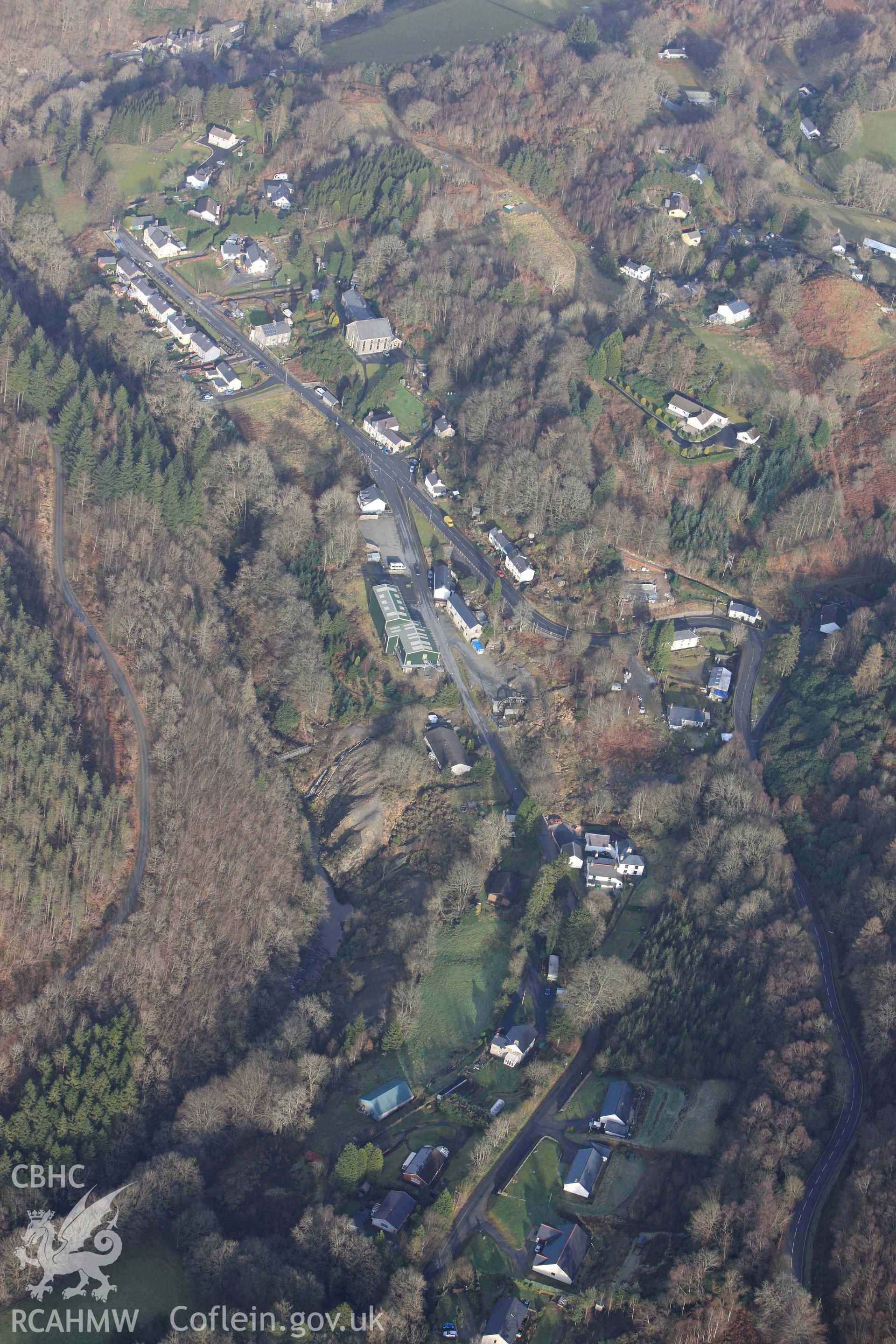 RCAHMW colour oblique photograph of Pontrhydygroes Village. Taken by Toby Driver on 07/02/2012.