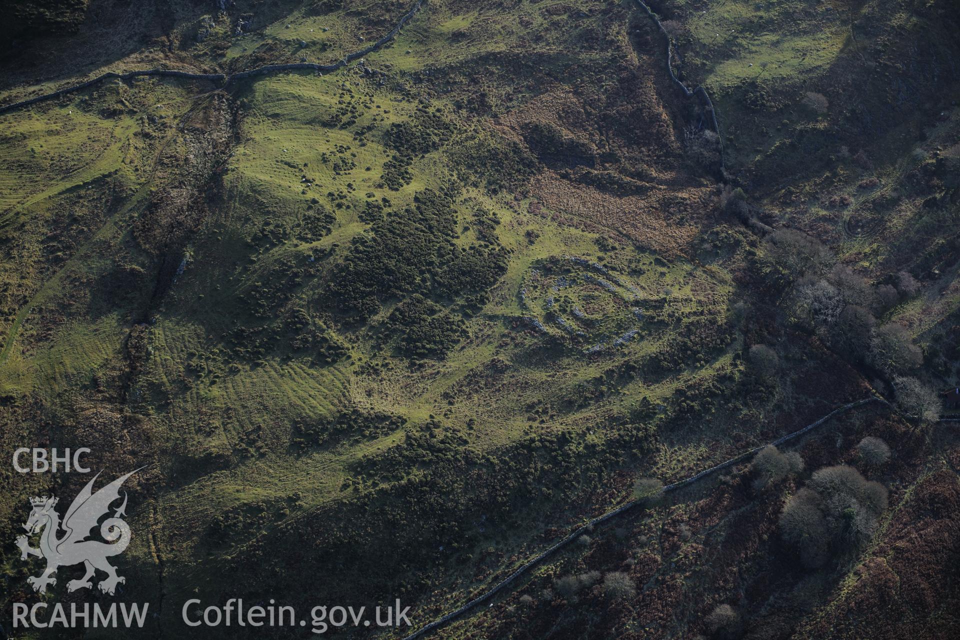 RCAHMW colour oblique photograph of Maes y Caerau homestead, and early cultivation. Taken by Toby Driver on 10/12/2012.