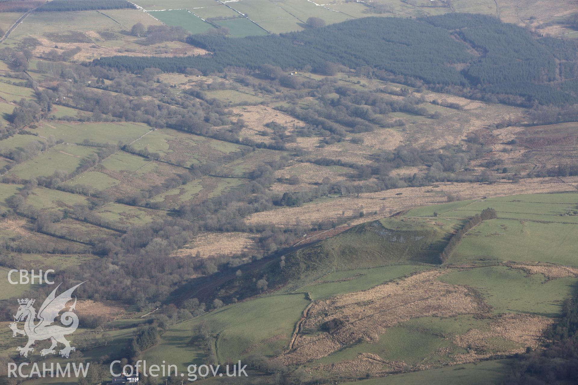 RCAHMW colour oblique photograph of Caer Cadwgan Hillfort. Taken by Toby Driver on 07/02/2012.