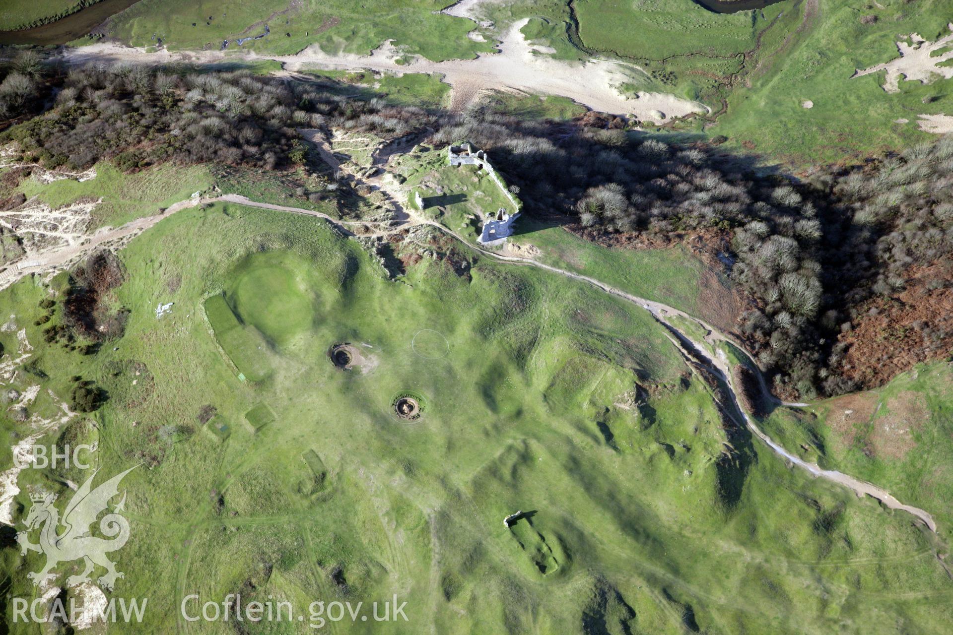 RCAHMW colour oblique photograph of Pennard deserted settlement and Pennard castle and church. Taken by Toby Driver on 02/02/2012.