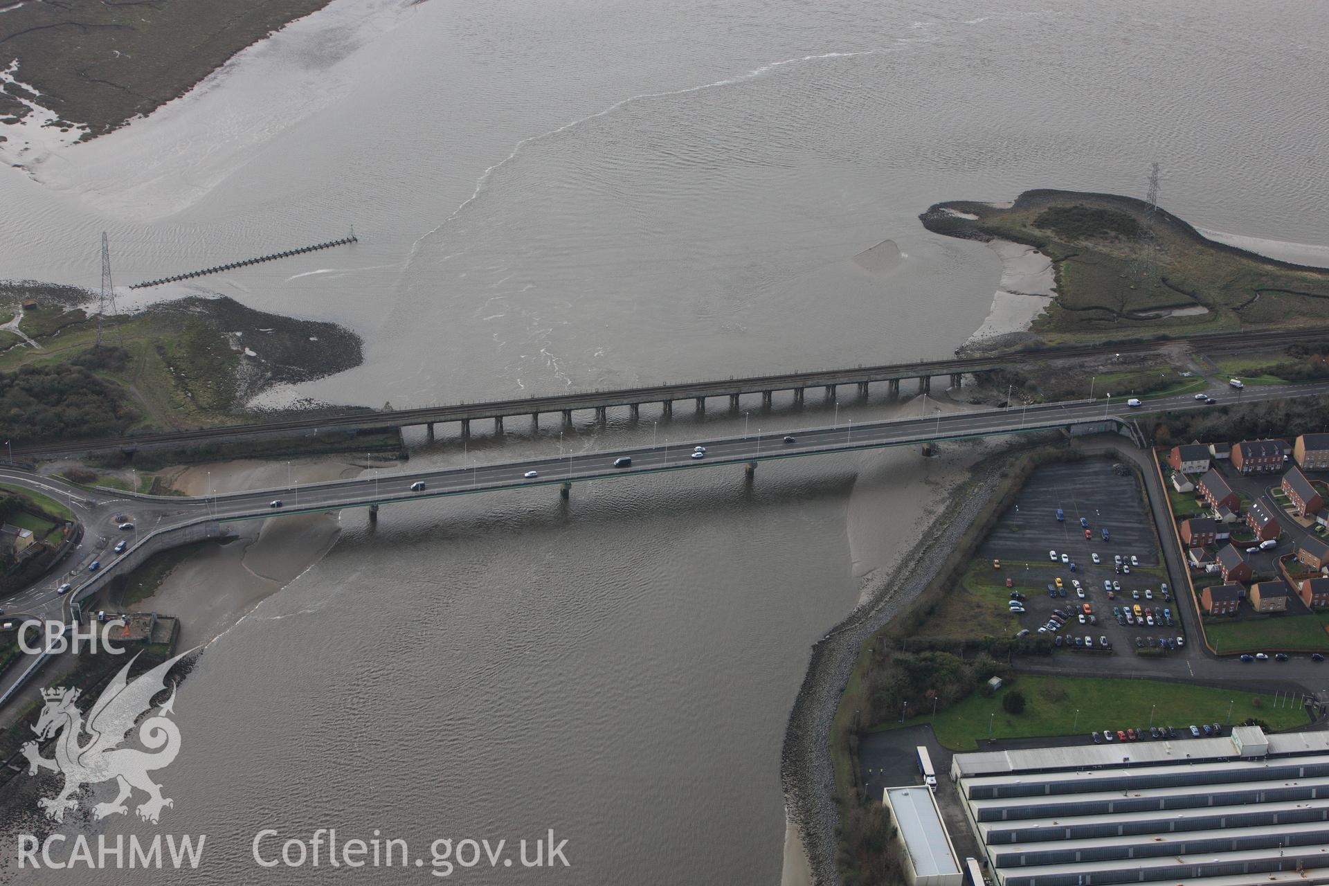 RCAHMW colour oblique photograph of Loughor Railway Viaduct. Taken by Toby Driver on 27/01/2012.