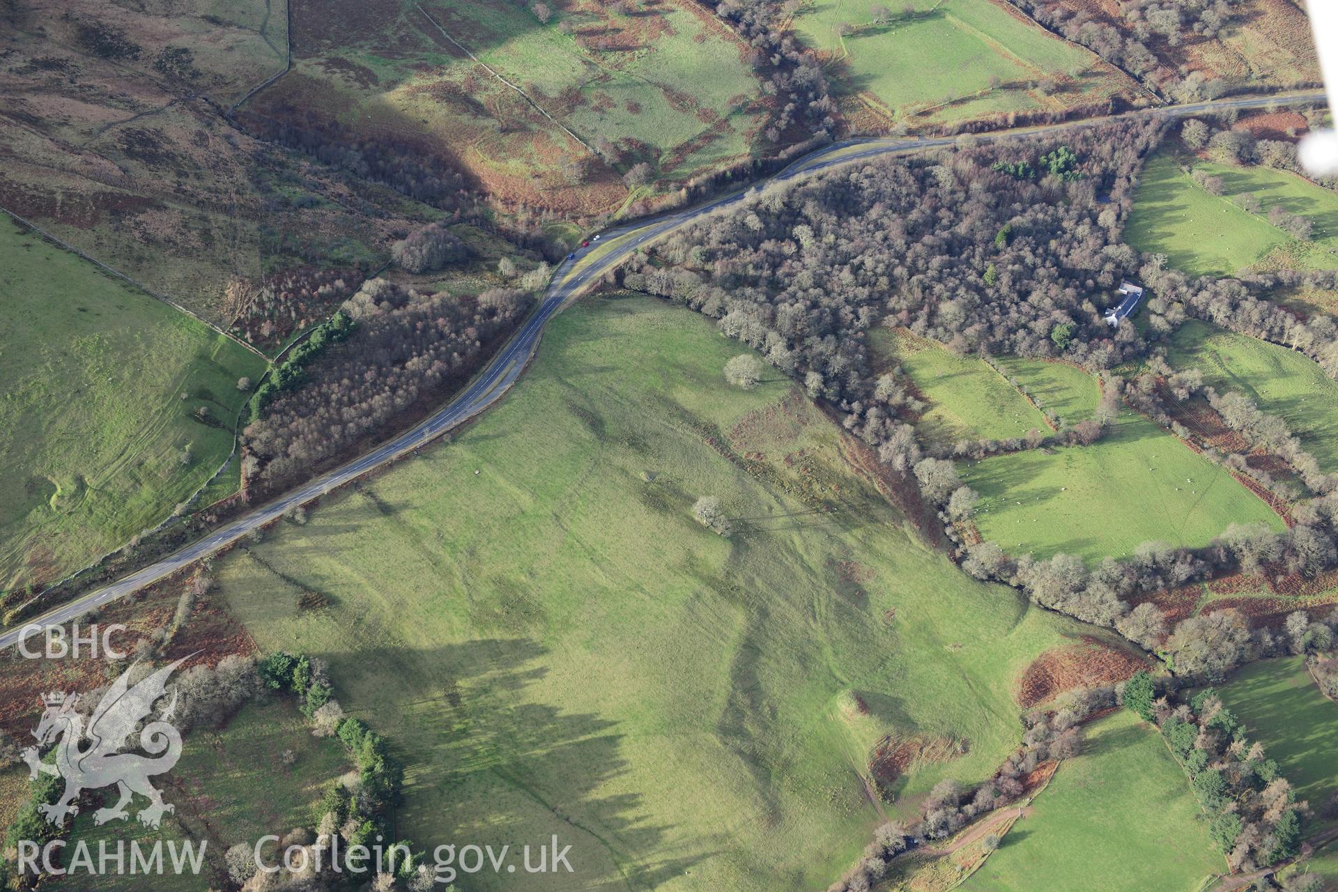 RCAHMW colour oblique photograph of Blaen Glyn round cairn, and field system. Taken by Toby Driver on 28/11/2012.