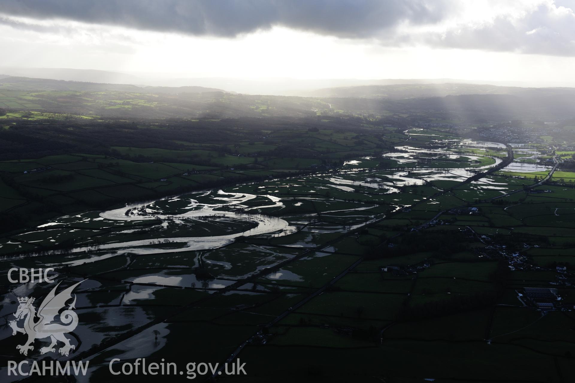 RCAHMW colour oblique photograph of Tywi Valley in flood, showing line of Roman road. Taken by Toby Driver on 23/11/2012.