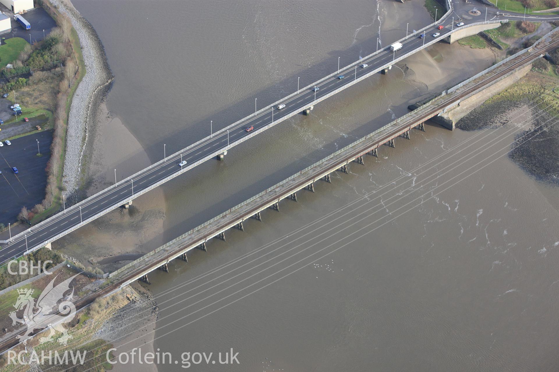 RCAHMW colour oblique photograph of Loughor Railway Viaduct. Taken by Toby Driver on 27/01/2012.