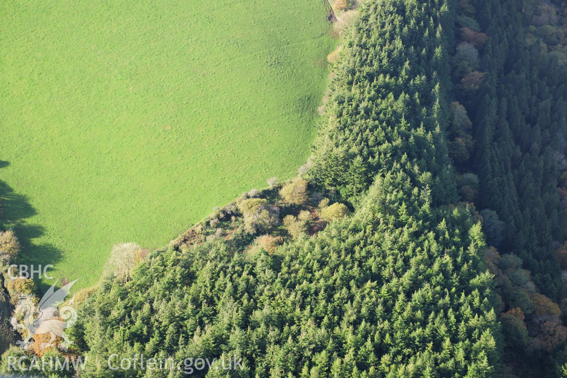 RCAHMW colour oblique photograph of Defended Enclosure,110m east-west by 60m, Castell Vorlan. Taken by Toby Driver on 26/10/2012.