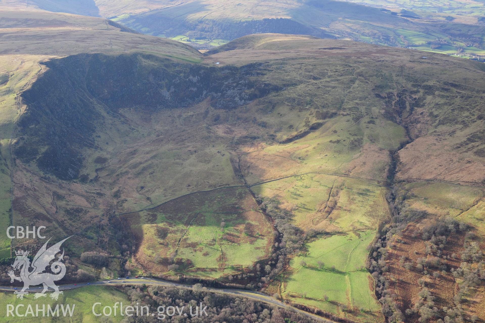 RCAHMW colour oblique photograph of Craig Cerrig Gleisad settlement and field system. Taken by Toby Driver on 28/11/2012.