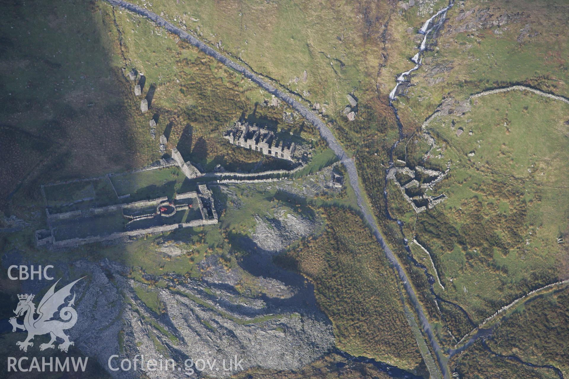 RCAHMW colour oblique photograph of Conglog slate quarry. Taken by Toby Driver on 13/01/2012.