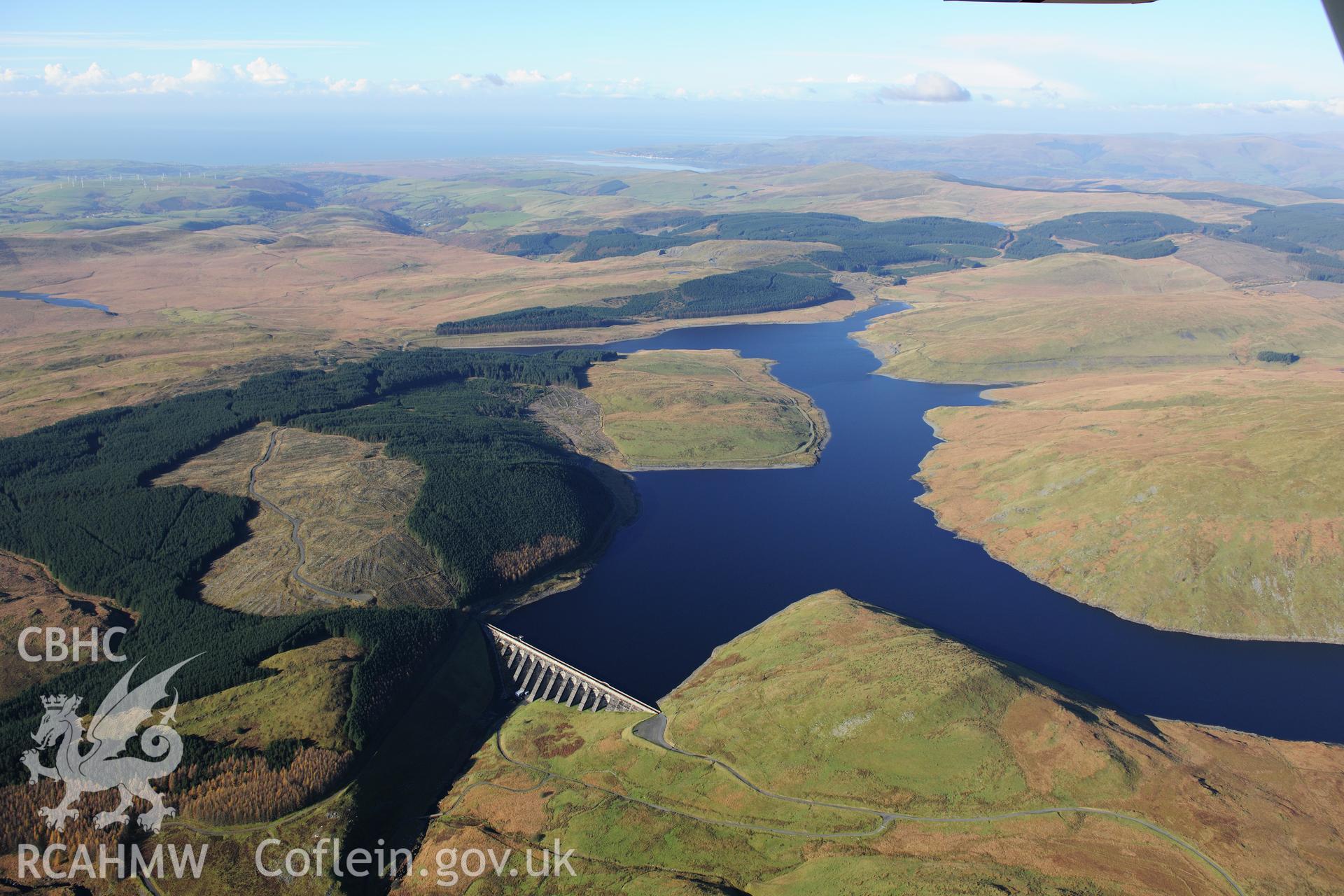 RCAHMW colour oblique photograph of Nant y Moch Reservoir, dam. Taken by Toby Driver on 05/11/2012.